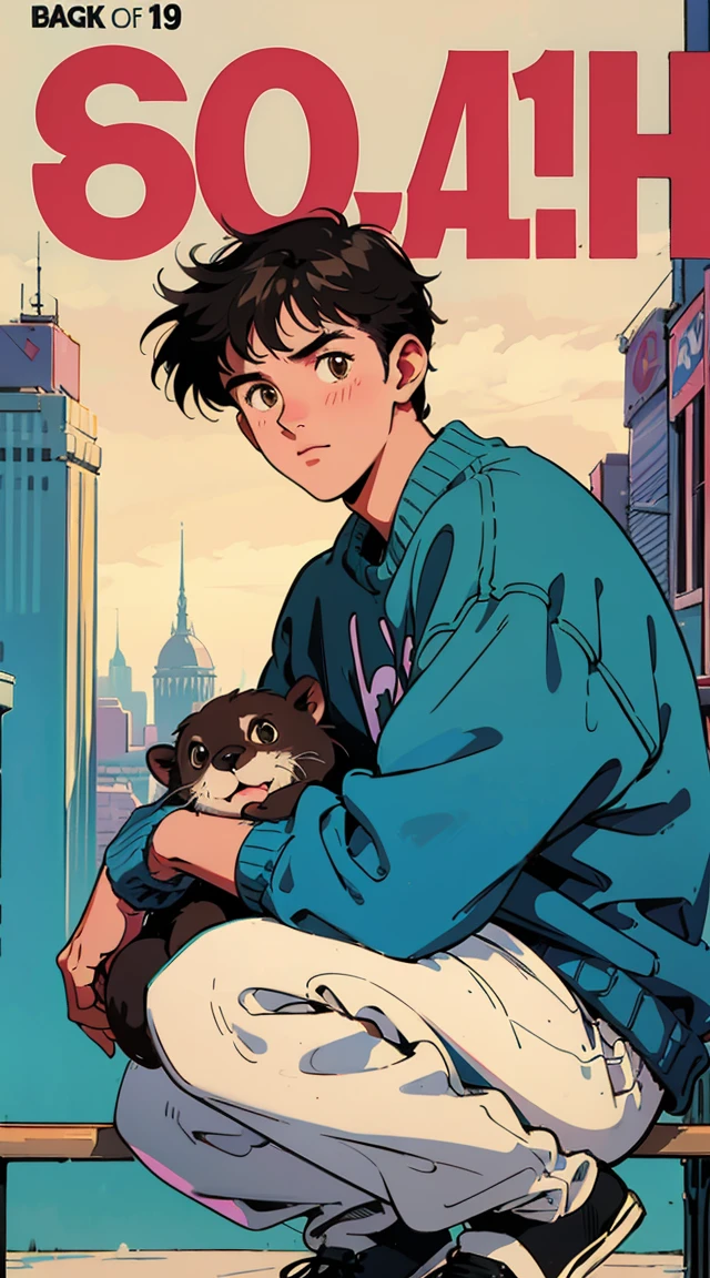 Best image quality, 1980s style animation, 21-year-old boy, black hair, light brown eyes,  With a baggy sweatshirt, magazine cover, whole body , city , posing, With a cute otter