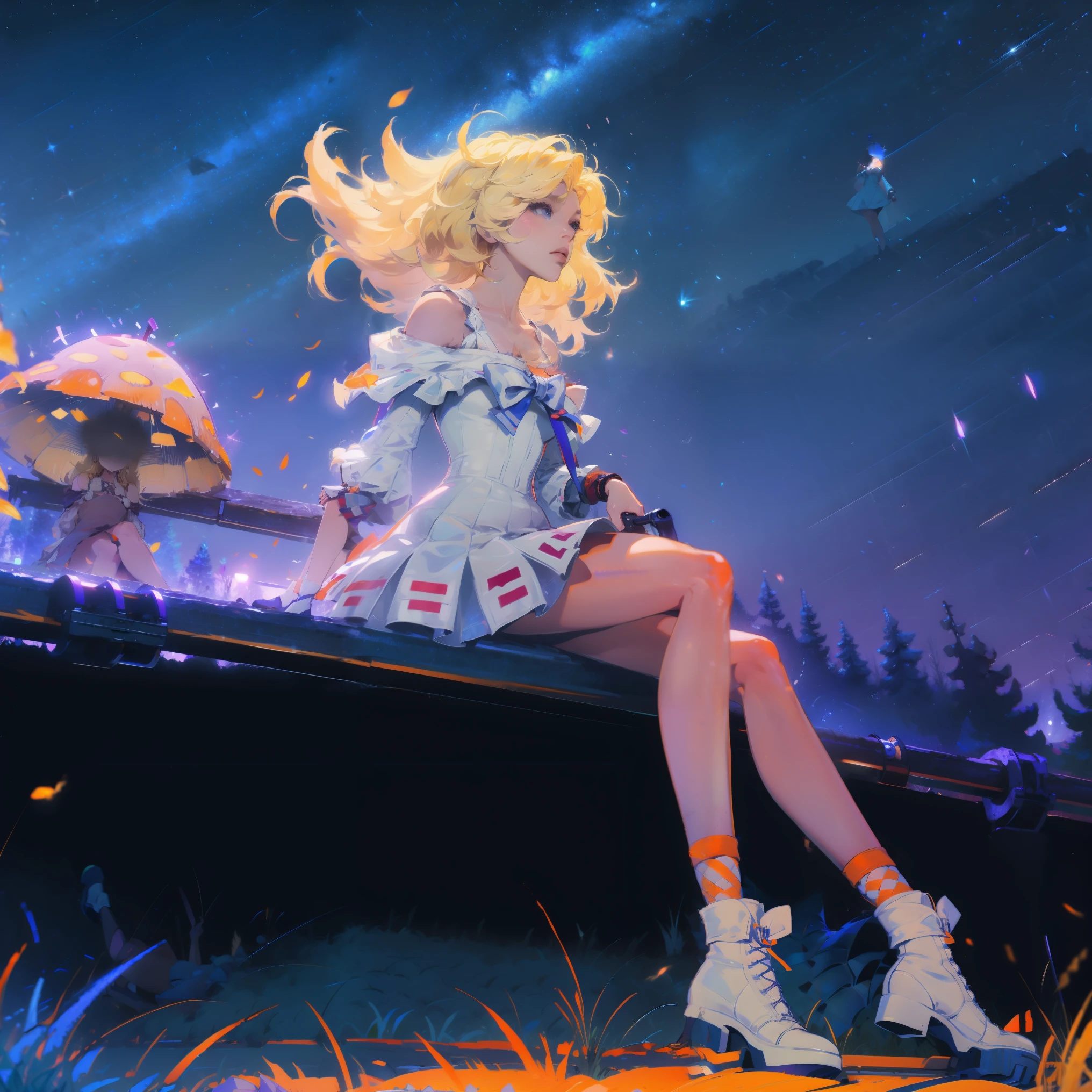 Abandoned station. A girl walking alone on the railroad tracks. The wind messed up her hair.，Anime girl with light blonde hair，With light blue eyes，Wearing an off-the-shoulder dress with puff sleeves，Sitting in the woods，Next to it is an orange mushroom，Surrounded by fireflies under the stars
