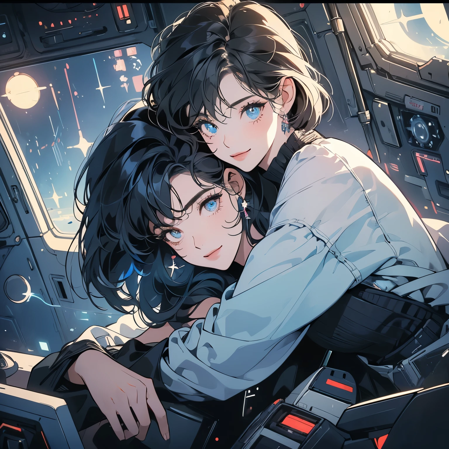  (((beautiful "Two women" leaning against each other))), inside a spaceship, perfect machine,  perfect face, zero gravity, outer space, lots of wires, switchboard, perfect and detailed machine, detailed hair, (((Various angles))), most beautiful woman alive, (((head shot))) , Super detailed background, top quality,Various unique hairstyles, Ghost in the Shell, sparkling eyes, Outer space in the background, Unique and perfect face, Pale Lighting,  (((Various eyes colors))), (((hug from behind))), short hair, smile