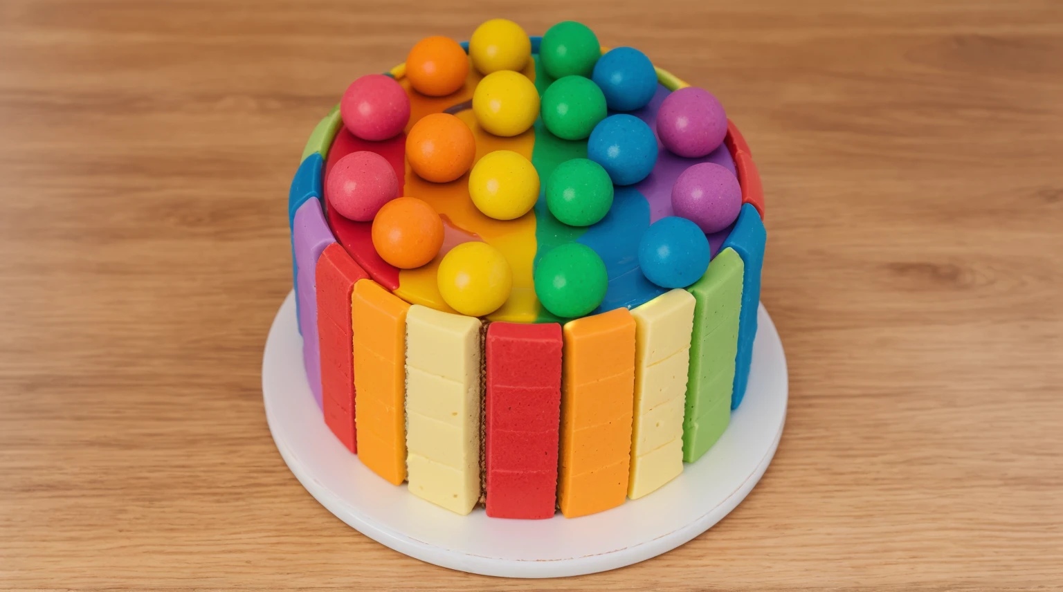 on a wooden table, on a white porcelain plate, a tiny cake, the walls of the cake are made of multi-colored chocolate bars, on top are multi-colored cream stripes, multi-colored candies in the form of balls, bright lights, soft light, window light, professional lighting, light from the window, neat light, realistic texture, realistic style, detailed texture, high quality, high resolution, high quality rendering, realistic photo, brightning light, macro photo