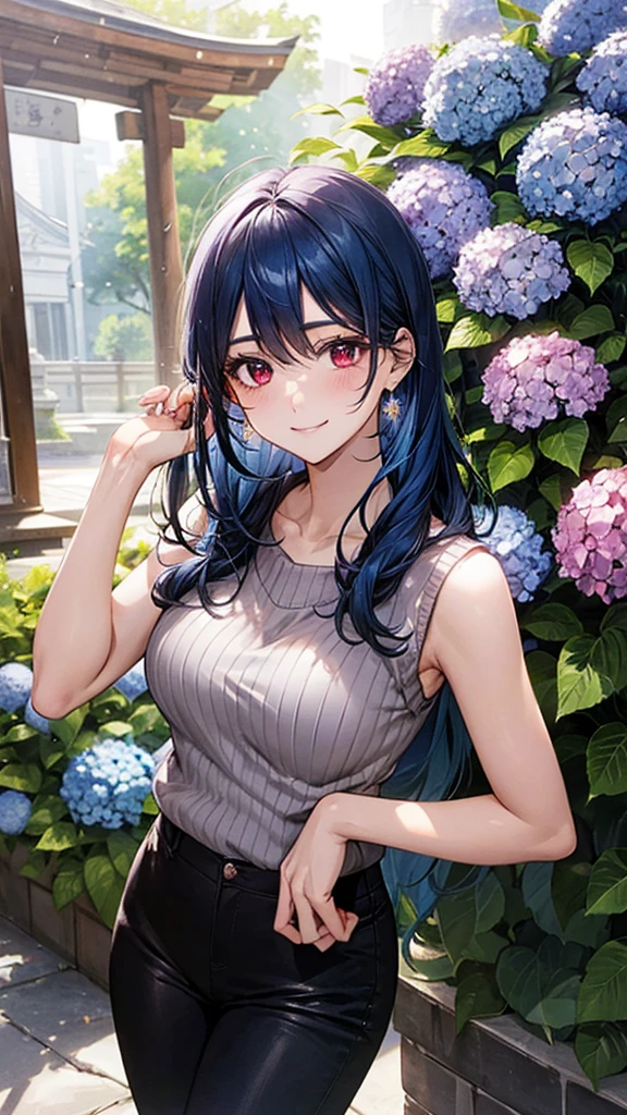 ((Highest quality)), ((High resolution)), ((masterpiece)), (detailed), (photograph),
Show Viewer, Cowboy Shot, Written boundary depth, Anatomically correct, Mature Woman, Perfect Face, Cute and symmetrical face, Shiny skin,
(Long Hair, Blue Hair), Hair between the eyes, Red eyes, Long eyelashes, (Big Breasts:0.9),
Beautiful Hair, Beautiful Face, Beautiful details, Beautiful clavicle, Beautiful body, Beautiful breasts, Beautiful thighs, Beautiful legs,
(Sleeveless sweater, skinny pants),
(Beautiful views), Sun Shower, hydrangea, Hydrangea Temple, Meigetsuin, (Cute Smile),