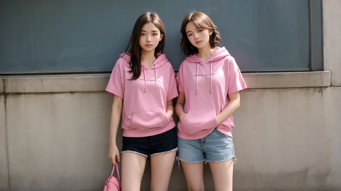 deux femmes ensemble de 18 ans sexy et mince , pink short sleeve hoodie , jambe visible , se touche,salle de classe,position sensuel