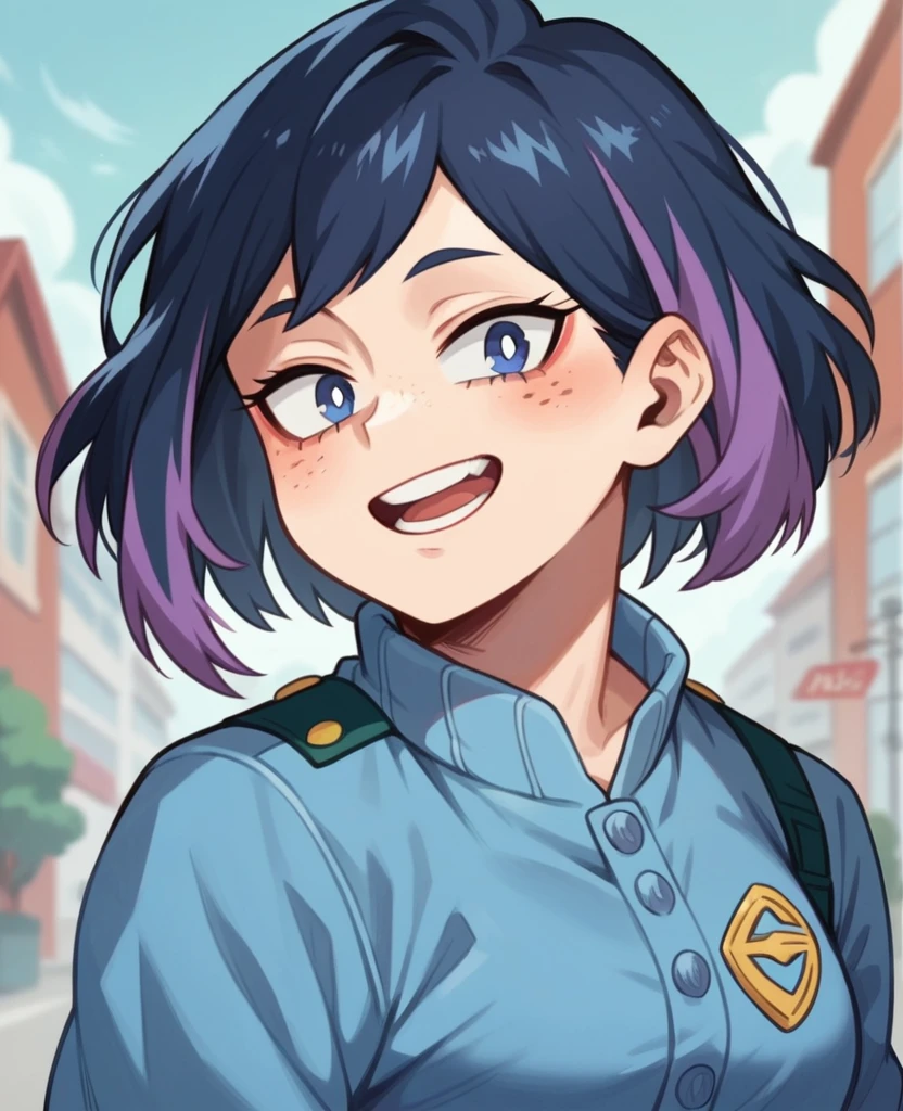 Screenshot of My Hero Academia, a girl with, Long, loose blue, almost black hair with purple highlights. , with sapphire blue eyes and purple spots with purple freckles and a tender and happy look wearing the UA style boku no hero academia