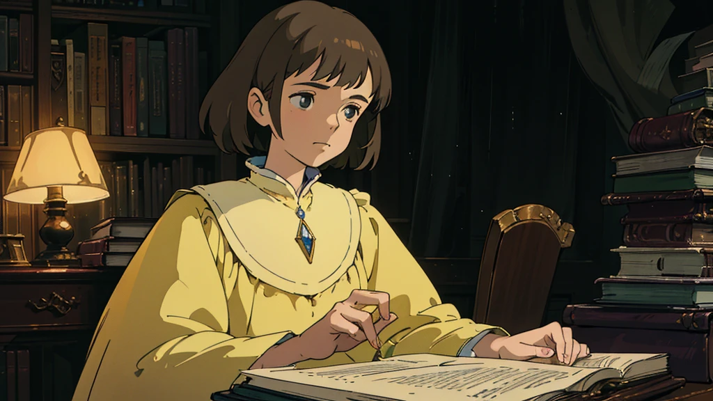 A girl, ensconced in a cozy corner on a rainy evening, sits surrounded by a jumble of books with an intensely profound study attitude. The soft yellow glow of the desk lamp illuminates her thoughtful expression, revealing her deep concentration and composed posture. Her inquisitive eyes dart back and forth between the pages, her nimble fingers turning them with subtle tilt, as she absorbs the old world wisdom contained within. The timeworn margins and sultry aura of the books add to the quiet night ambiance, creating a peaceful and tranquil countenance. This scholarly young woman, clad in plain attire, appears to be a seeker of knowledge and intellect