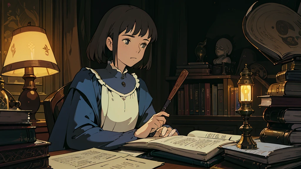 A girl, ensconced in a cozy corner on a rainy evening, sits surrounded by a jumble of books with an intensely profound study attitude. The soft yellow glow of the desk lamp illuminates her thoughtful expression, revealing her deep concentration and composed posture. Her inquisitive eyes dart back and forth between the pages, her nimble fingers turning them with subtle tilt, as she absorbs the old world wisdom contained within. The timeworn margins and sultry aura of the books add to the quiet night ambiance, creating a peaceful and tranquil countenance. This scholarly young woman, clad in plain attire, appears to be a seeker of knowledge and intellect