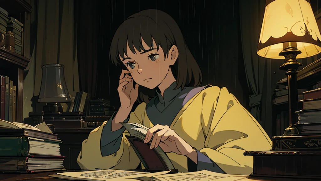 A girl, ensconced in a cozy corner on a rainy evening, sits surrounded by a jumble of books with an intensely profound study attitude. The soft yellow glow of the desk lamp illuminates her thoughtful expression, revealing her deep concentration and composed posture. Her inquisitive eyes dart back and forth between the pages, her nimble fingers turning them with subtle tilt, as she absorbs the old world wisdom contained within. The timeworn margins and sultry aura of the books add to the quiet night ambiance, creating a peaceful and tranquil countenance. This scholarly young woman, clad in plain attire, appears to be a seeker of knowledge and intellect