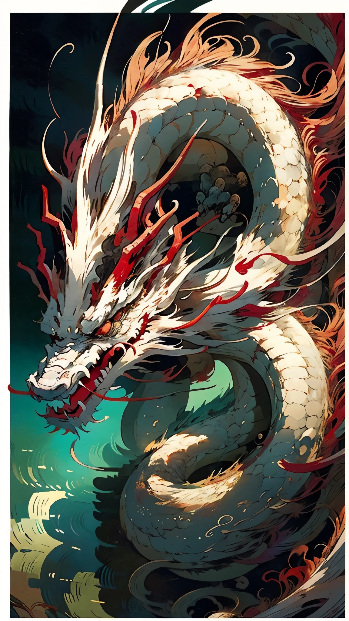 red dragon in the waves art print, in the style of kōji morimoto, neo-traditional japanese, john blanche, murals and wall drawings, tyler walpole, intense close-ups, absurdist --ar 71:128 --stylize 750 --v 5.2