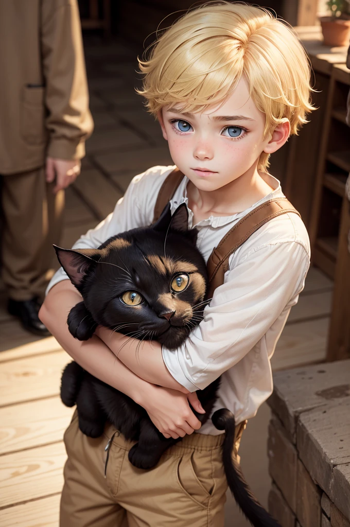 Boy with blonde hair and brown eyes, his eyes show excitement. And love, while he holds in his hands a big black cat, all hurt, who looks at him cautiously but with eyes bright with excitement. 