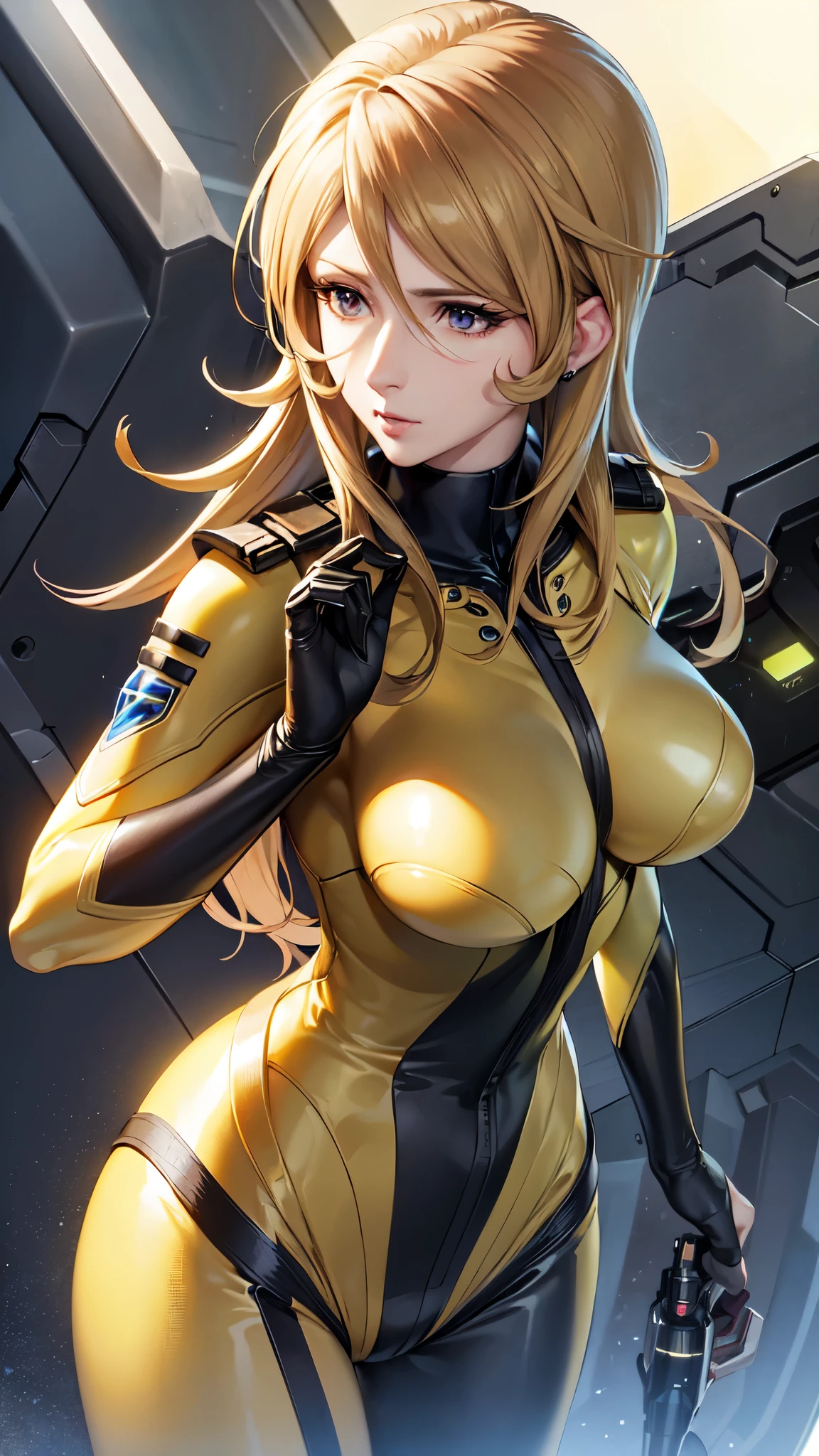 Mature Woman, Woman in a futuristic suit, highly Detailed face, nice, mother, Very large breasts, (Mature Woman), Mature Face, (Mature Woman), Cyber Suit, Anime girl in tight suit, Milfication, Elegant body, Focus on the navel, nude, gloves, Earrings, SF, Female protagonist, Volumetric Light, Detailed lighting, Detailed Texture, BoobsCyberpunk, Biomechanical , masterpiece, (Top quality eyes), Detailed face, sci-fi background, Futuristic landscape, (((Yellow bodysuit))), (Chuby), (((high quality face))), (((high resolution face)))
