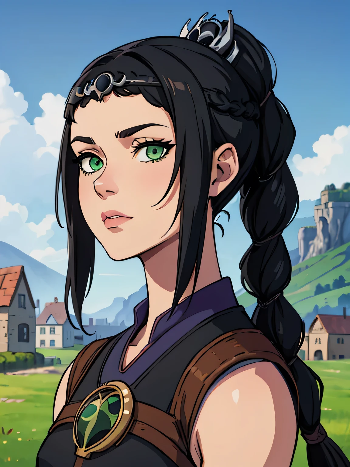 (masterpiece, best quality), 1girl, shadowheart, black hair, braided ponytail, green eyes, circlet, black pants, closeup, sketch, looking at viewer, ((green eyes)),(fantasy village on background),