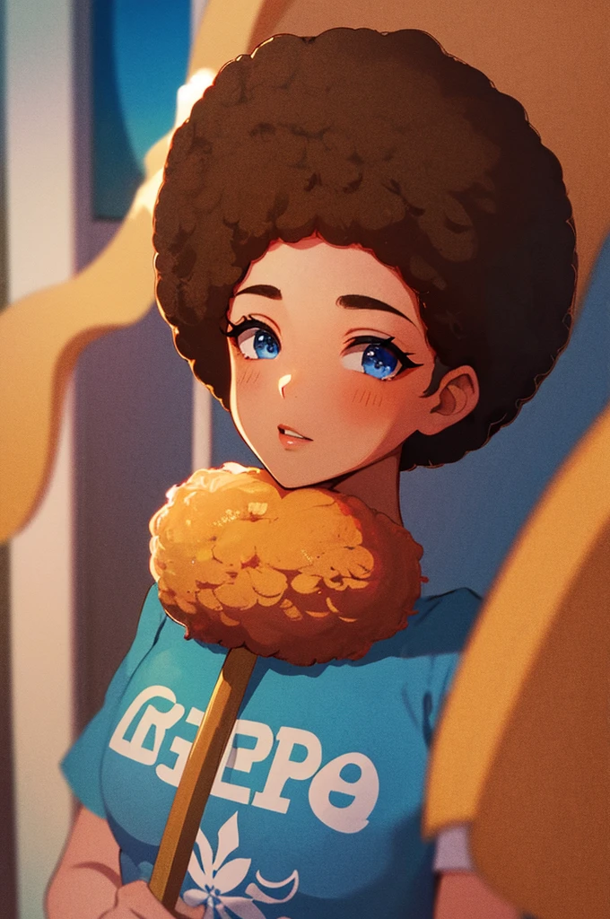 afro hair、８K, Highest quality, masterpiece, Ultra-detailed、Afro Hair、afro hair、Brown Hair、full lips、Blue Eyes、１８Year-old beauty、Portrait、Coffee shop、stare、T-Shirts、