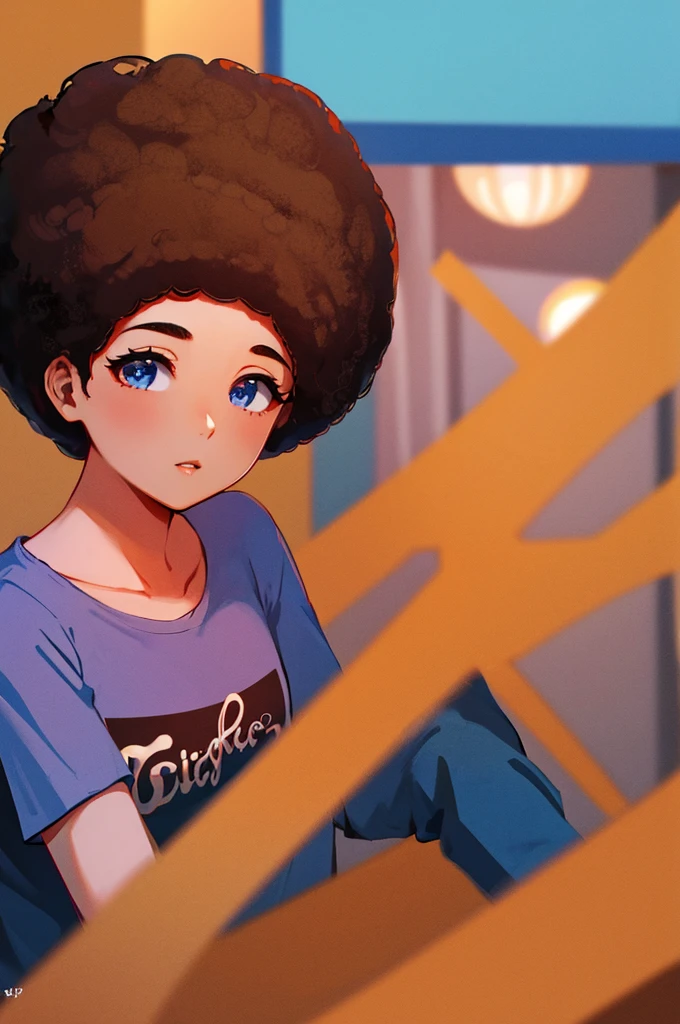 afro hair、８K, Highest quality, masterpiece, Ultra-detailed、Afro Hair、afro hair、Brown Hair、full lips、Blue Eyes、１８Year-old beauty、Portrait、Coffee shop、stare、T-Shirts、