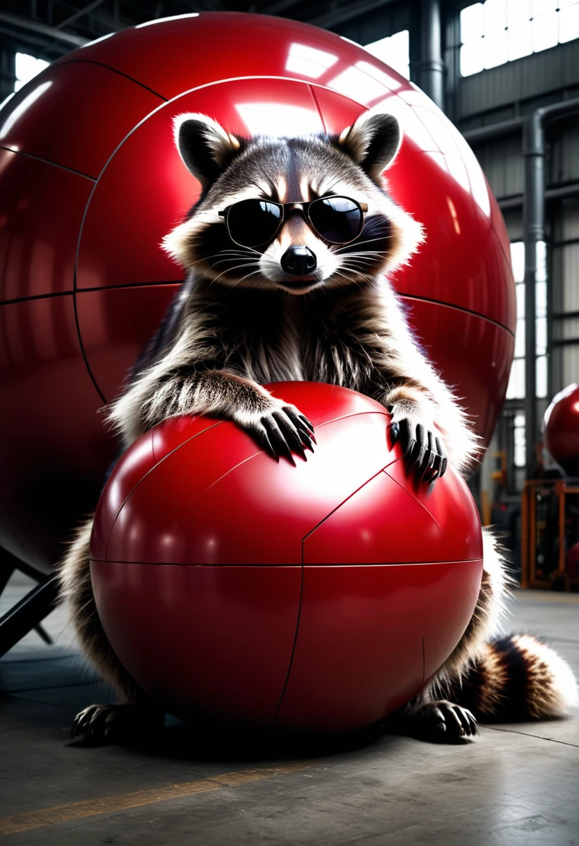 a photorealistic raccoon wearing sunglasses casually leaning on a large red ball in an industrial hall, detailed facial features, intricate fur textures, dramatic lighting, highly detailed background, cinematic composition