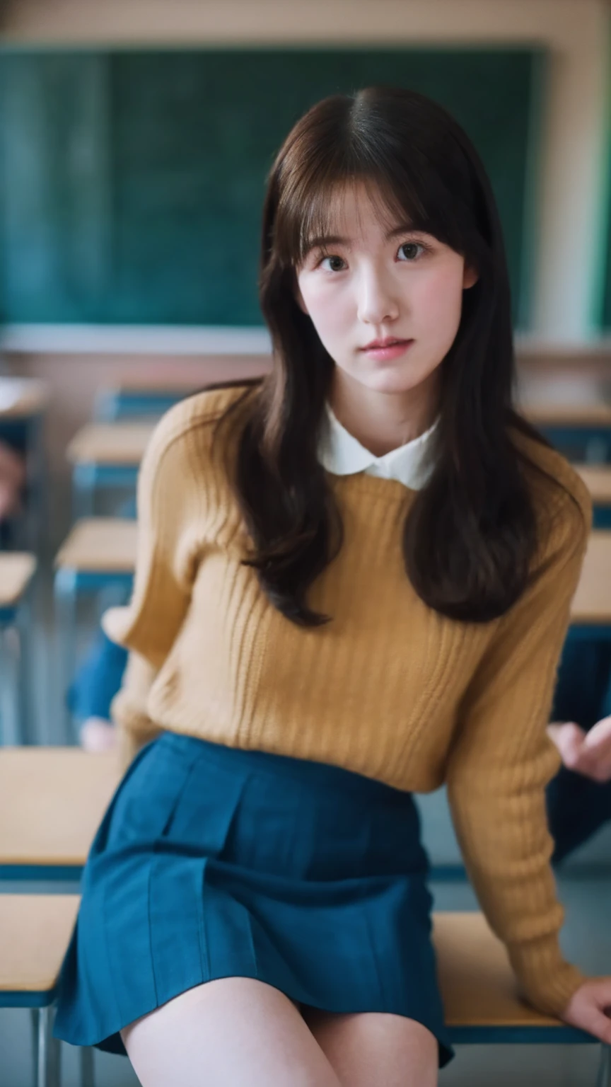  Highest quality, shape, Very detailed, finely, High resolution, 8k wallpaper, 完璧なダイナミックな構shape, Beautiful and exquisite,  Natural Lip, whole body, Navel exposure, front,bangs、University classroom、sweater,Pleated skirt、Brown Hair、(((Thighs)))、The correct five fingers、Looking into the camera,