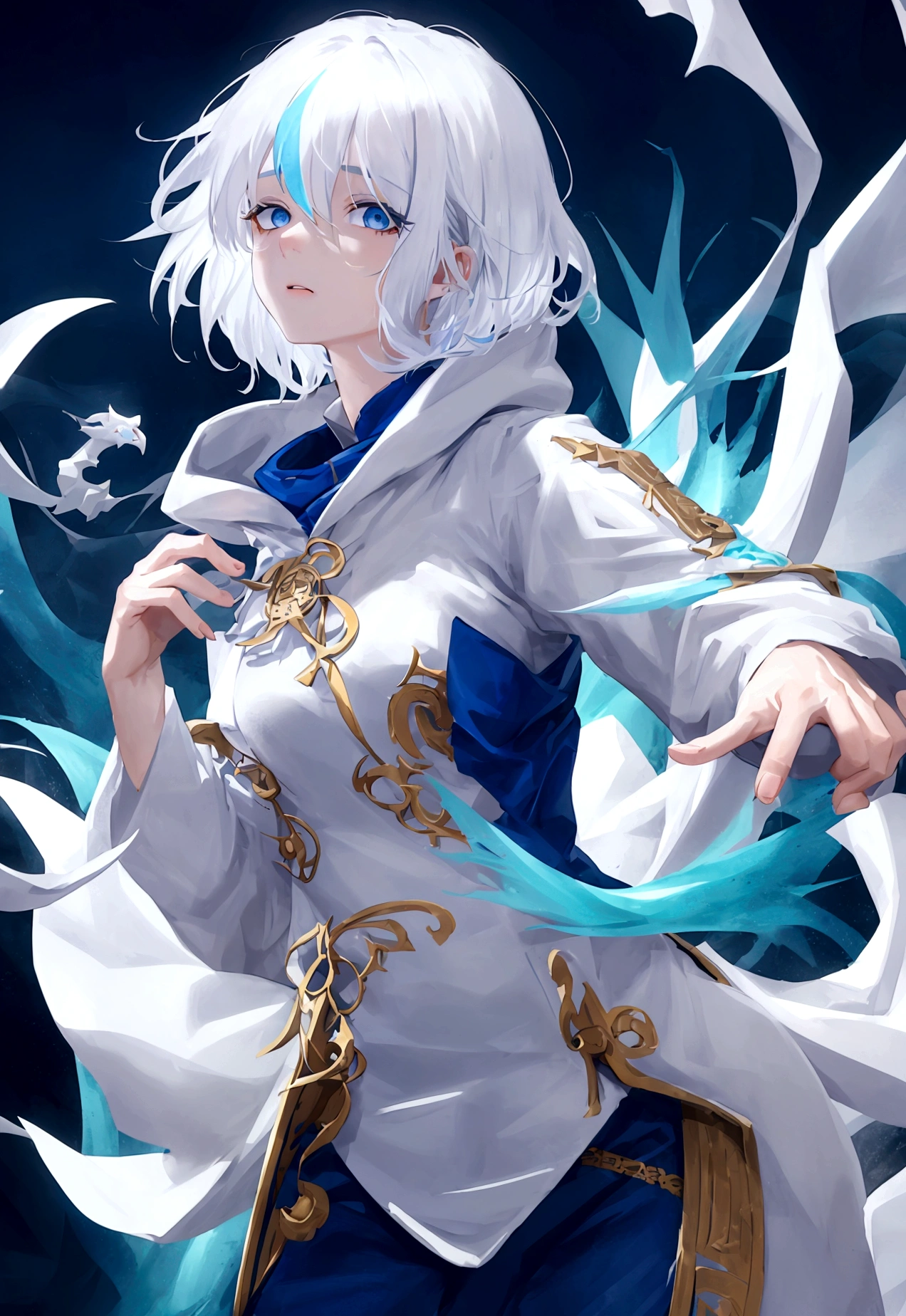 White hair, short hair, right eye blue, left eye golden, male, height 165cm, white shirt, blue hoodie, blue jeans, blue-eyed white dragon in the background, no women