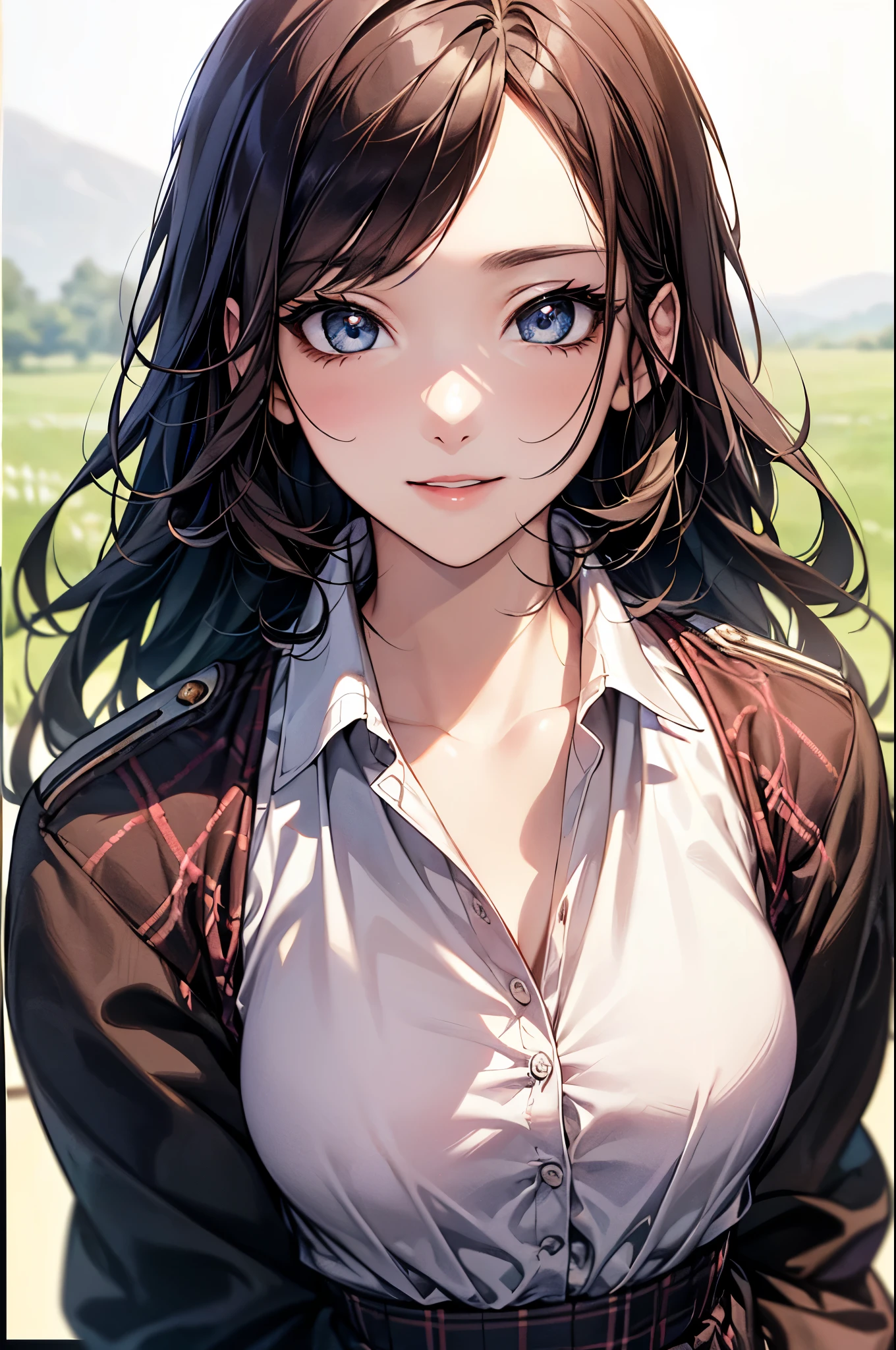 ((Biologically correct limb count))、((whole body including face))、4K、Masterpiece、((Focus on the face))、((Symmetrical, well-proportioned facial features))、Eyes with delicate depictions、(((1 person)))、Beautiful woman、Outstanding style、Slender Body、((skirt、Plaid uniform、shirt、(High heels)))、(smile）、(Close-up photo of the upper body）、High angle、Stop and look up、Photo with white border、、The background is a beautiful landscape