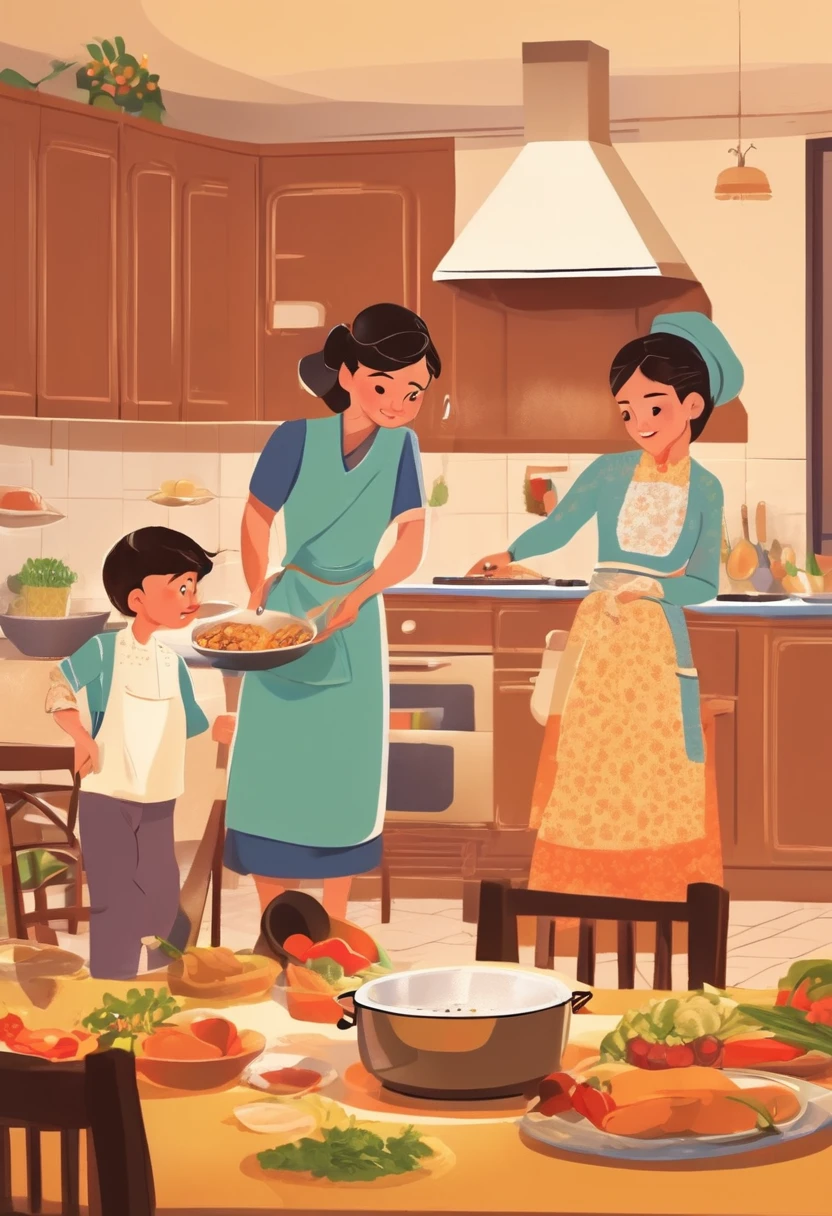 Scene in the living room,A child watching TV on the sofa,A child is helping his mother cook in the kitchen,Guests at home waiting for food to be served at the dining table