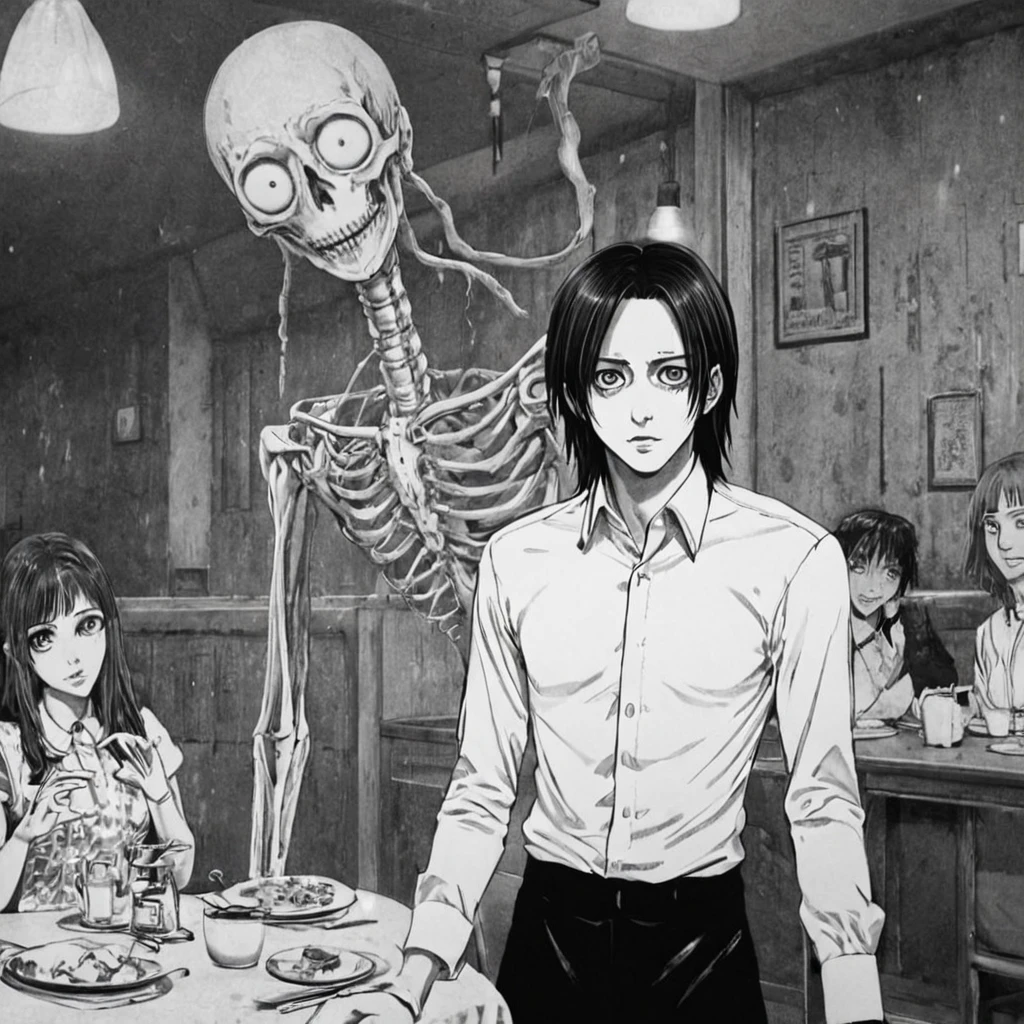 waiter, restaurant, (anime), bizarre scenario, This is Junji, Yusuke Murata, black and white, 8K, anime, horror