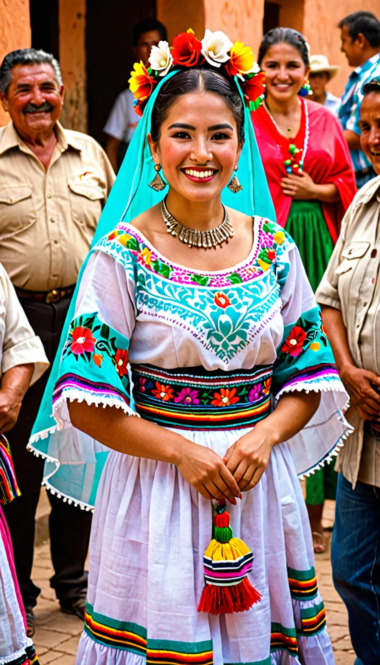 A beautiful woman in traditional Mexican attire, with a radiant expression, surrounded by villagers who admire and cherish her.
