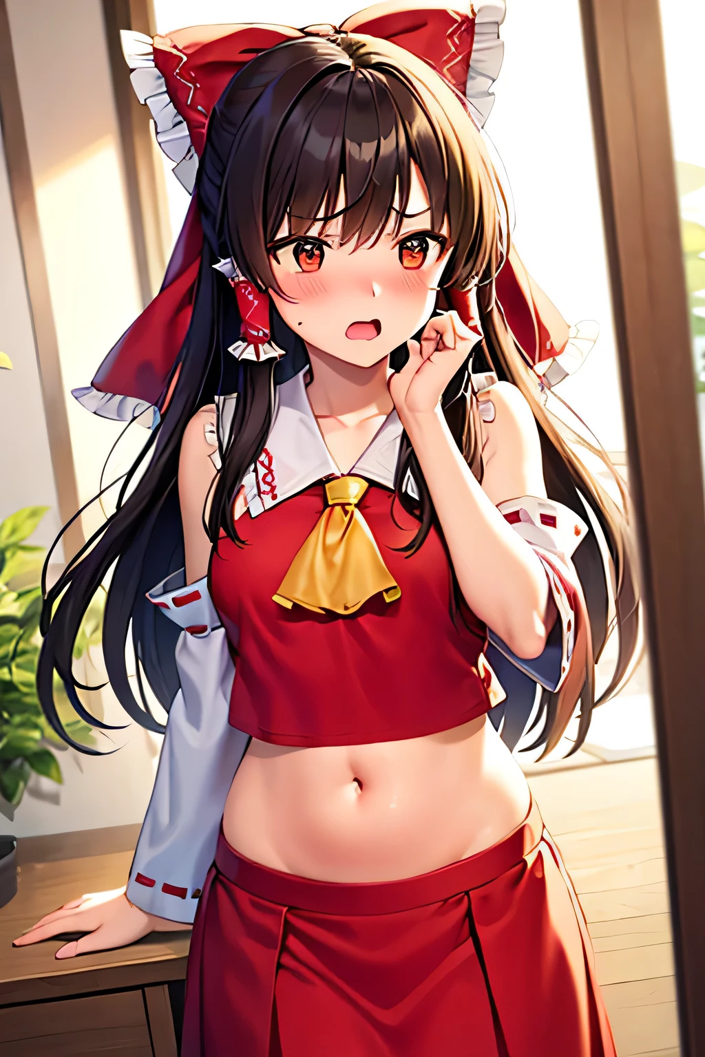 super fine illustration, vibrant colors, masterpiece, sharp focus, best quality, depth of field, cinematic lighting, ultra detailed, blush, shocked, annoyed, open mouth, embarrassed, hands on face, navel, belly button, tummy, hips, shrine maiden, hakurei reimu, 1girl, hair bow, ascot, hair tubes, detached sleeves, looking down, red shirt, red skirt, long skirt, long hair, dark brown hair, indoors, mature woman,
