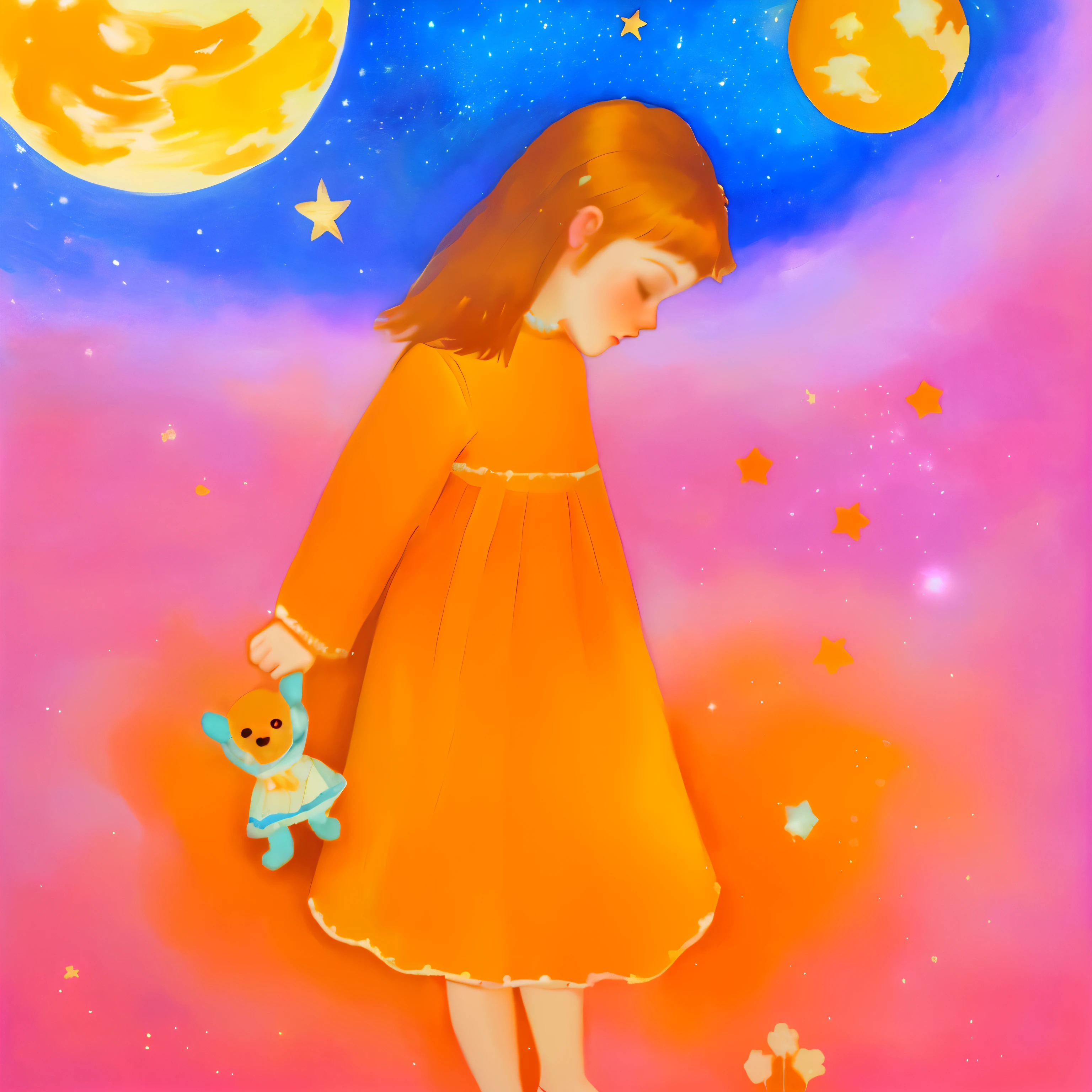 painting of a in an orange dress holding a teddy bear, inspired by Maurice Denis, by Zsuzsa Máthé, inspired by Hans Eduard von Berlepsch-Valendas, girl in space, whimsical art, with stars, stary night painting, inspired by Sophie Anderson, by Ilka Gedő, childrens illustration