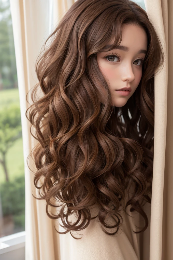 curtain, curly brown hair but it's not black power, Brown eyes, , tender, In school, with board uniform, use device, does not wear earrings, nice,
