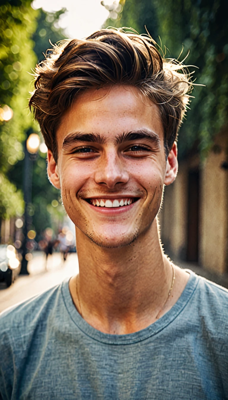 A young and charming man with a captivating smile but an underlying expression of indifference and disinterest.