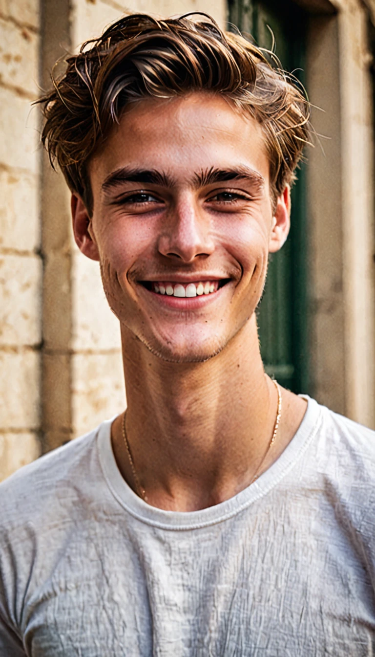 A young and charming man with a captivating smile but an underlying expression of indifference and disinterest.