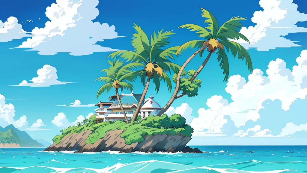 Anime Style,Ocean,Oceanのビーチ,Coconut Tree,Seagull,Baiyun,A small island in the distance, Illustrator