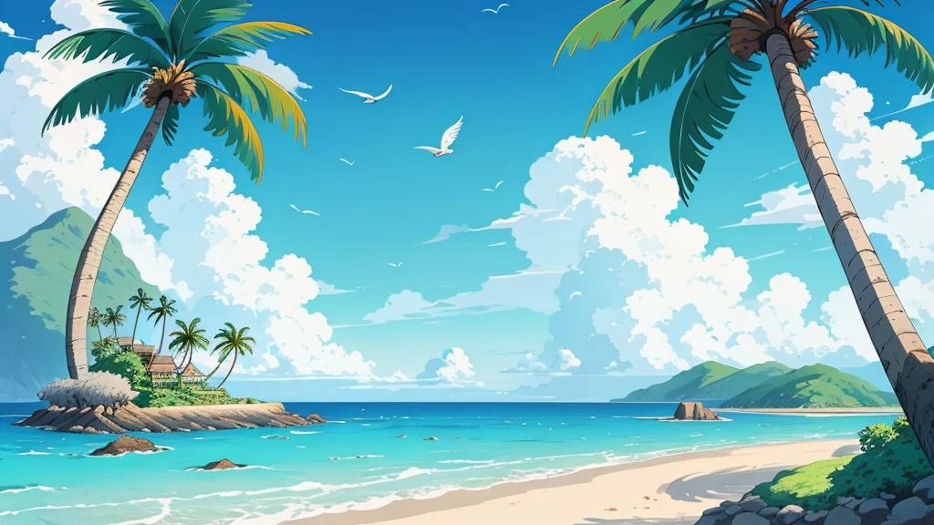 Anime Style,Ocean,Oceanのビーチ,Coconut Tree,Seagull,Baiyun,A small island in the distance, Illustrator