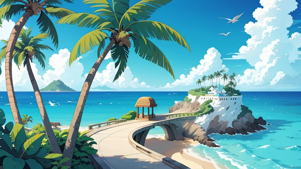 Anime Style，Ocean，Oceanのビーチ，Coconut Tree，Seagull，Baiyun，A small island in the distance, Illustrator