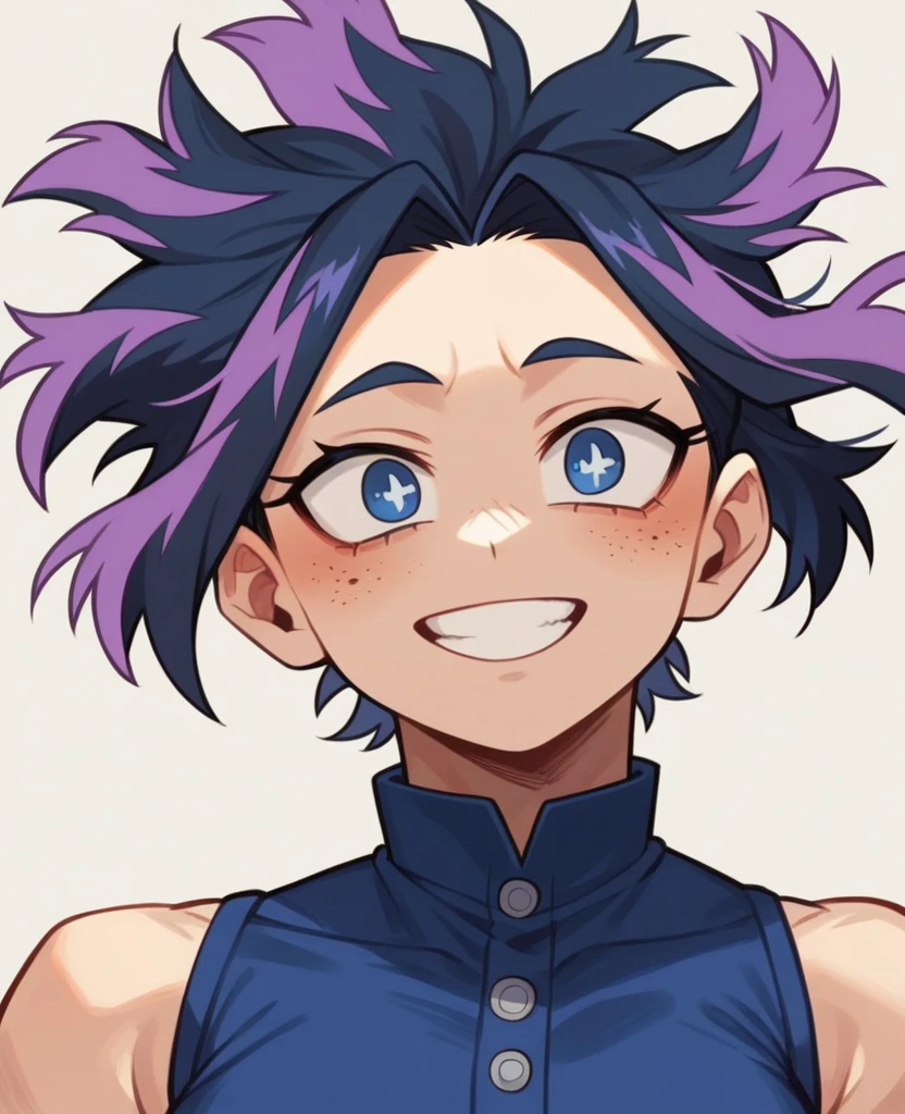 Screenshot of My Hero Academia, a girl with, Long, loose blue, almost black hair with purple highlights and a streak in the white bangs , with sapphire blue eyes and purple spots with purple freckles and a tender and happy look wearing the UA style boku no hero academia