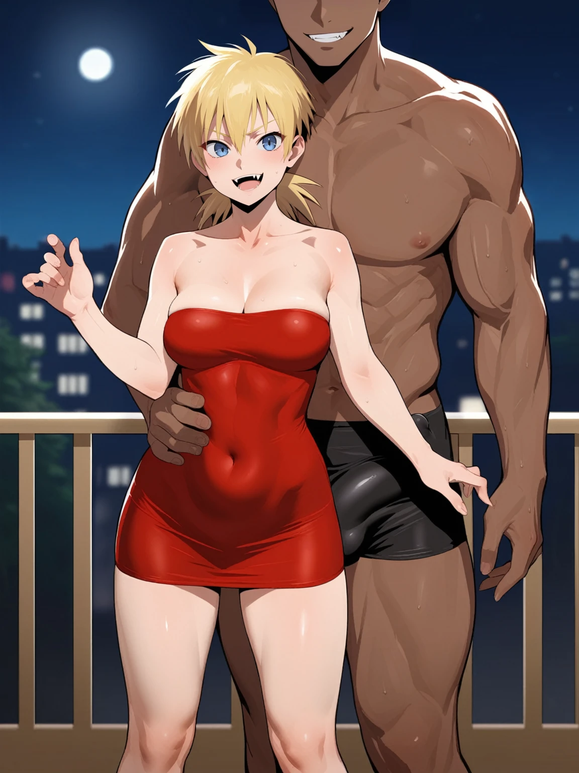 score_9, score_8_up, source_anime, standing, hellsing, seras, blonde hair, nude, indoors, night, night sky, nighttime, vampire, smirk, fangs, ikuchan, balcony, town background, clothed, nude male, huge penis, huge testicles, muscular male, medium breasts, boyfriend, couple, sfw, looking at viewer, faceless male, dark skinned male, cuckold pov, ntr, netorare, standing side by side, standing, cuckolding, cuck, 1girl, 1boy, black haired male, interracial, BLACKED, bbc, raceplay, smug, humiliation, ((faceless male)), ((size difference)), tall male, waist grab, ((dark skinned male))), gown, dress, bulge, navel, short dress, red dress, furry, tiger, anthro on human, tiger girl, chubby, bbw, male head out of frame, ((size difference)), , ((large male)), black haired male, solo focus