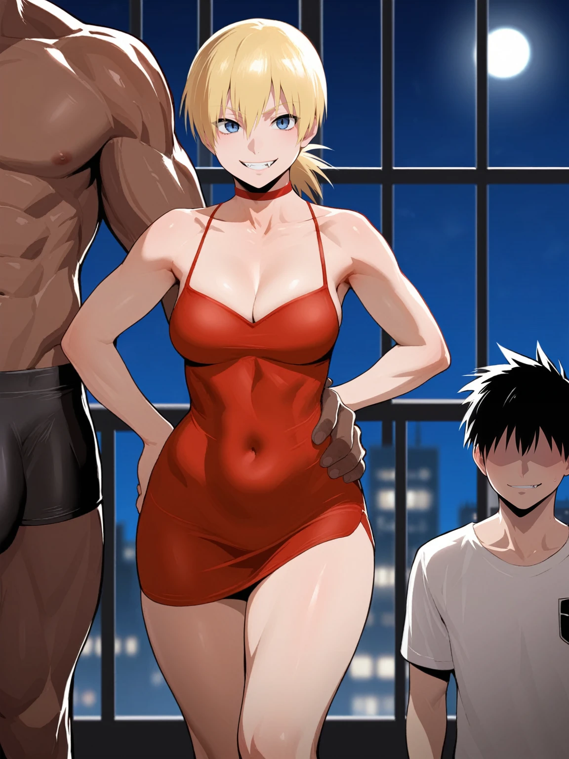 score_9, score_8_up, source_anime, standing, hellsing, seras, blonde hair, nude, indoors, night, night sky, nighttime, vampire, smirk, fangs, ikuchan, balcony, town background, clothed, nude male, huge penis, huge testicles, muscular male, medium breasts, boyfriend, couple, sfw, looking at viewer, faceless male, dark skinned male, cuckold pov, ntr, netorare, standing side by side, standing, cuckolding, cuck, 1girl, 1boy, black haired male, interracial, BLACKED, bbc, raceplay, smug, humiliation, ((faceless male)), ((size difference)), tall male, waist grab, ((dark skinned male))), gown, dress, bulge, navel, short dress, red dress, furry, tiger, anthro on human, tiger girl, chubby, bbw, male head out of frame, ((size difference)), , ((large male)), black haired male, solo focus