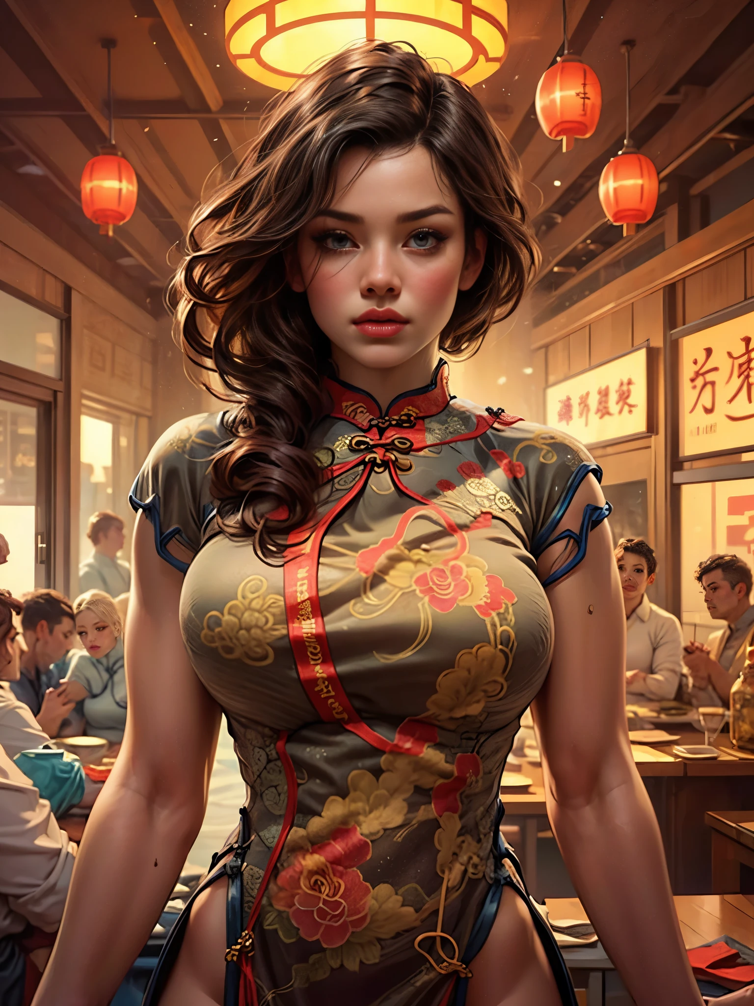 Half-length portrait:1.3，Wearing(Tight cheongsam:1.7)Beautiful woman，Ideal proportions，Full breasts，Slim waist，Plump buttocks，White skin，Surrounded by accessories，In a crowded Chinese restaurant，(Best quality，4K，8K，high resolution，masterpiece:1.2)，Ultra Detailed，(lifelike，照片般lifelike，照片般lifelike:1.37)，Delicate eyes，Delicate lips，Extremely detailed face，Long eyelashes，Intricate details，Gorgeous accessories，Gorgeous decoration，Warm Lights，Vibrant colors，Dramatic lighting，Atmospheric，Movie-like，Award-winning photography