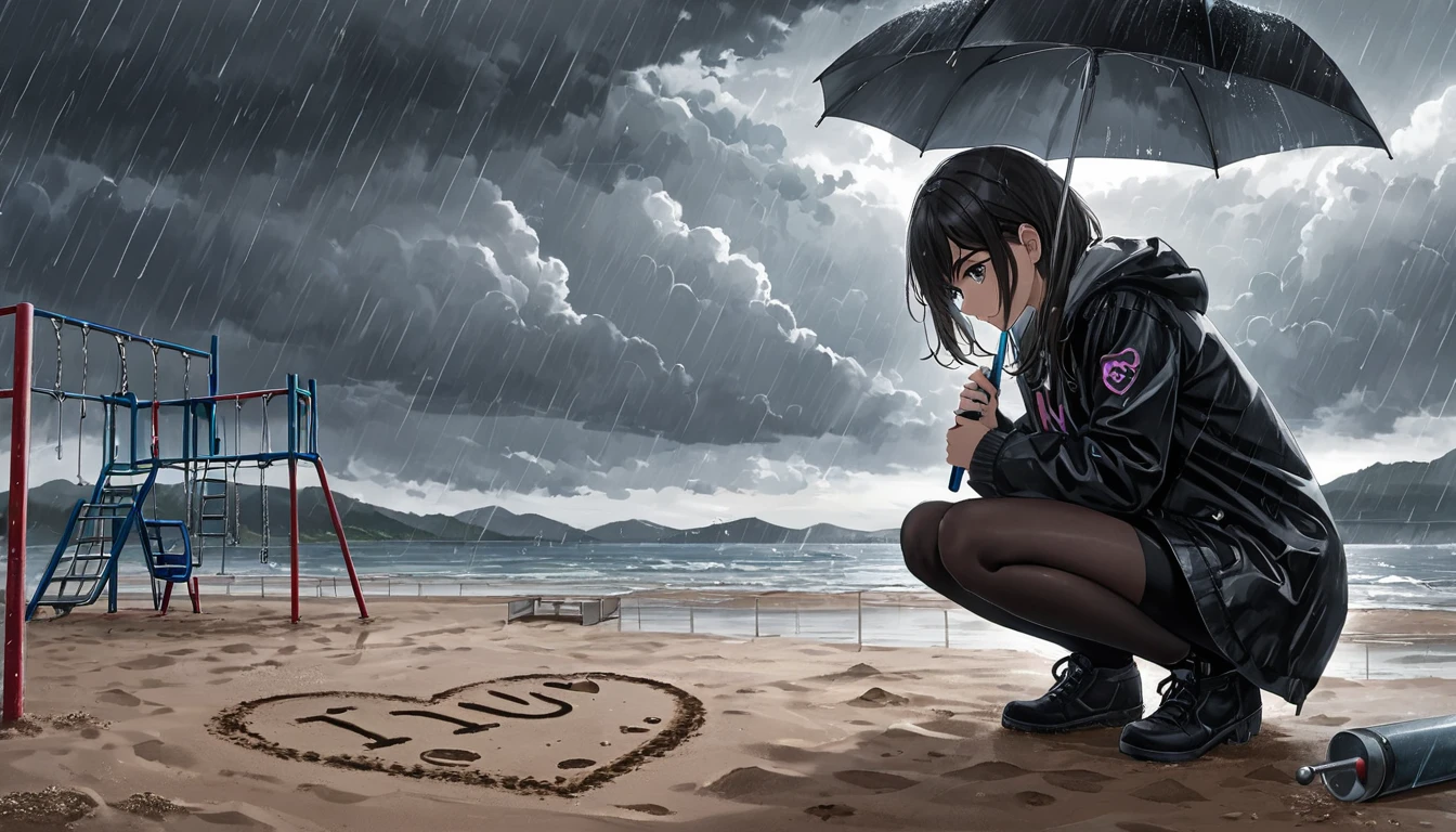 A dark, rainy and cloudy day with the sky full of dark clouds. A girl is crouching on the playground, holding an umbrella in one hand and writing i love you in the sand with her other hand.