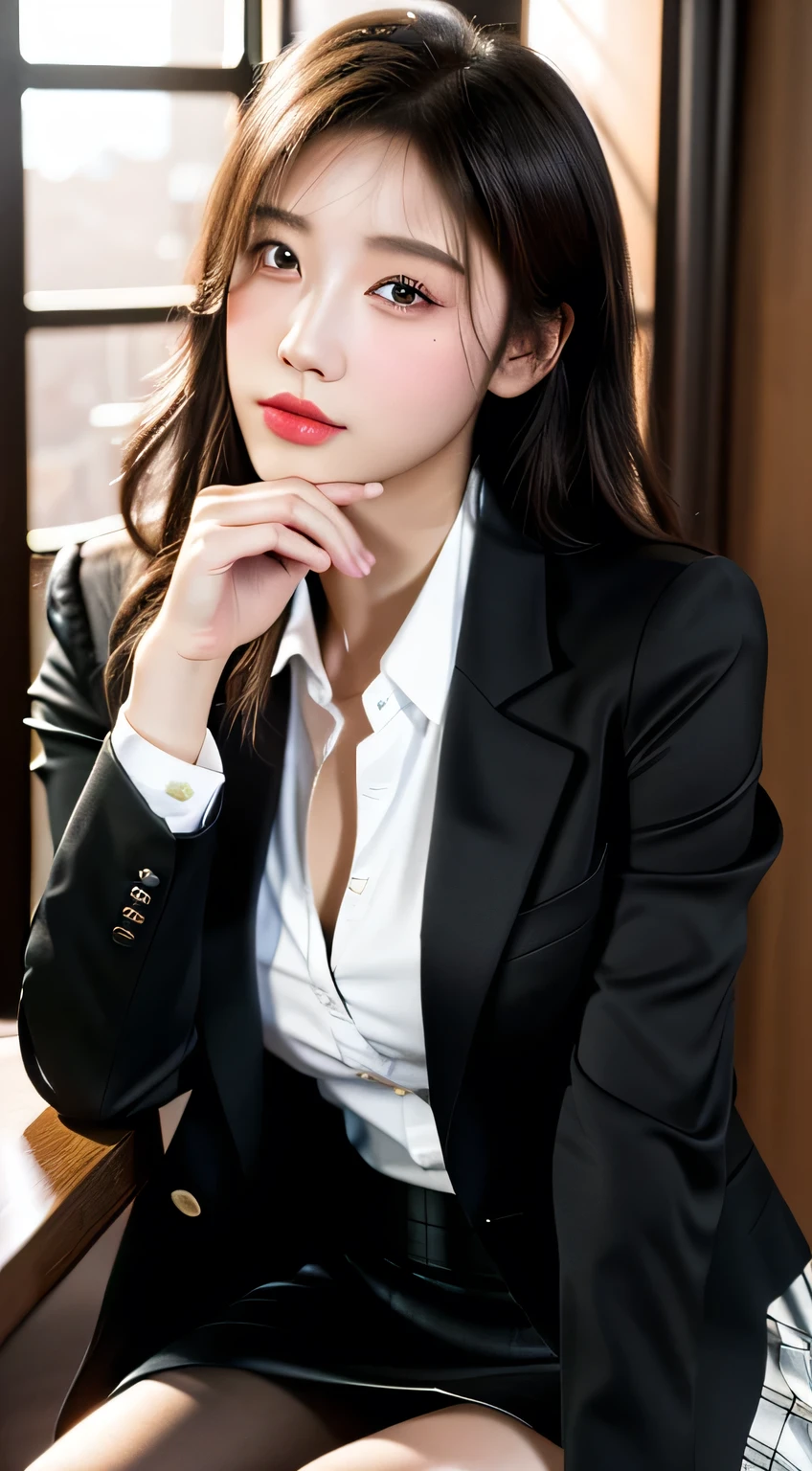 best quality, masterpiece, 1girl, Beautiful face, (photo realistic:1.3), rim lighting, (high detailed skin:1.2), 8k uhd, dslr, high quality, high resolution, 4k, 8k, Bokeh, absurdres, best ratio four finger and one thumb, (realistic:1.3), cute 1girl, wearing black formal blazer, medium breasts, short skirt,