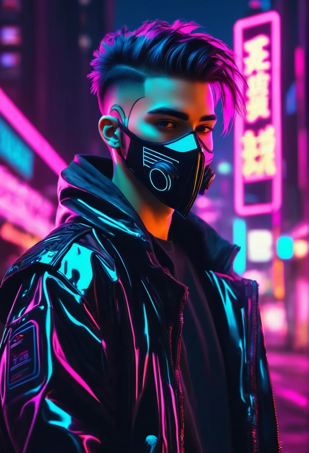 A handsome 18 year old boy with a pump jacket and a bit of beard on his face, Stylish hair, cyber punk, ultra realistic, 8K, city in the background, cute face, neon ghost face mask, neon and dark, profile photo 1024px, background art, dark art style, neon cyber punk,  glare eyes, arte synthwave, black neon, cyber punk art style, scary style, bright cyber punk glow