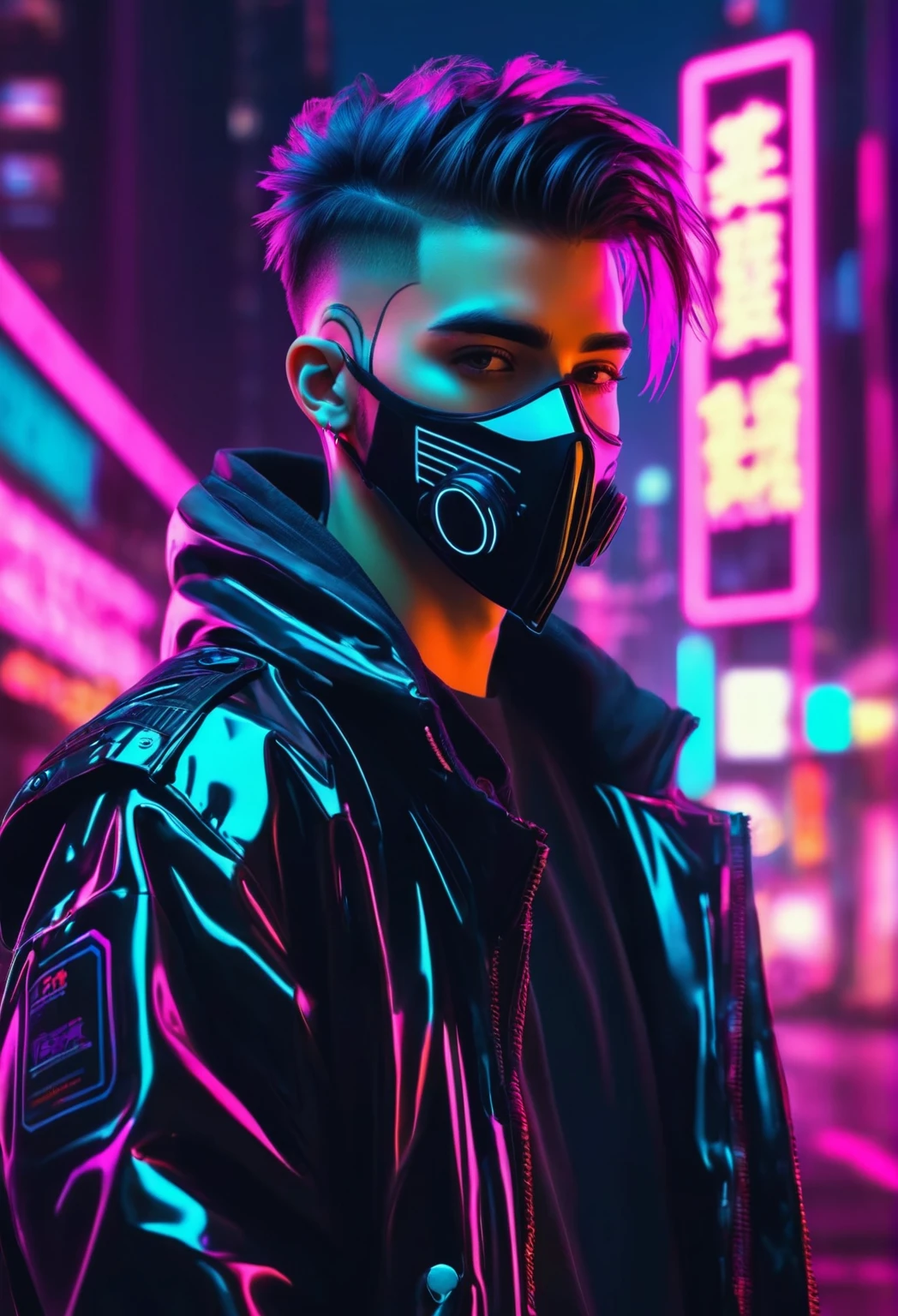 A handsome 18 year old boy with a pump jacket and a bit of beard on his face, Stylish hair, cyber punk, ultra realistic, 8K, city in the background, cute face, neon ghost face mask, neon and dark, profile photo 1024px, background art, dark art style, neon cyber punk, glare eyes, arte synthwave, black neon, cyber punk art style, scary style, bright cyber punk glow