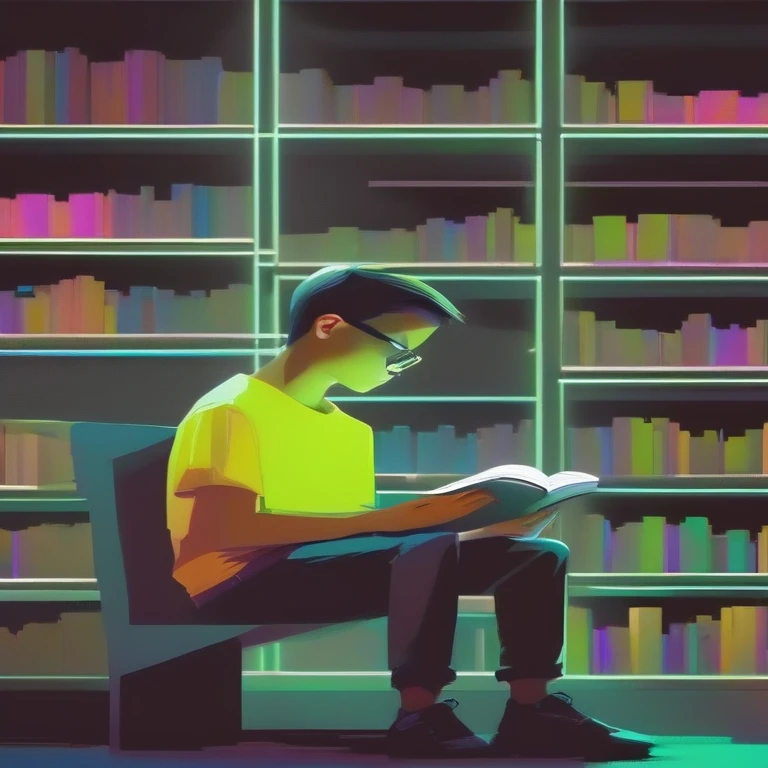futuristic pixelated animation of boy in neon reading a book in profile