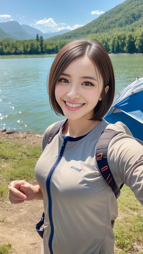 Realistic , photorealistic , masterpiece , best quality , super quality , ((ultra detailed)), extremely detailed , highers , Raw Photo , 16k portrait , curvy , big Smile , full body ,  short hair , ultrahappy , (camping) , Camping Clothing , Side angle , (Riverside) , Group