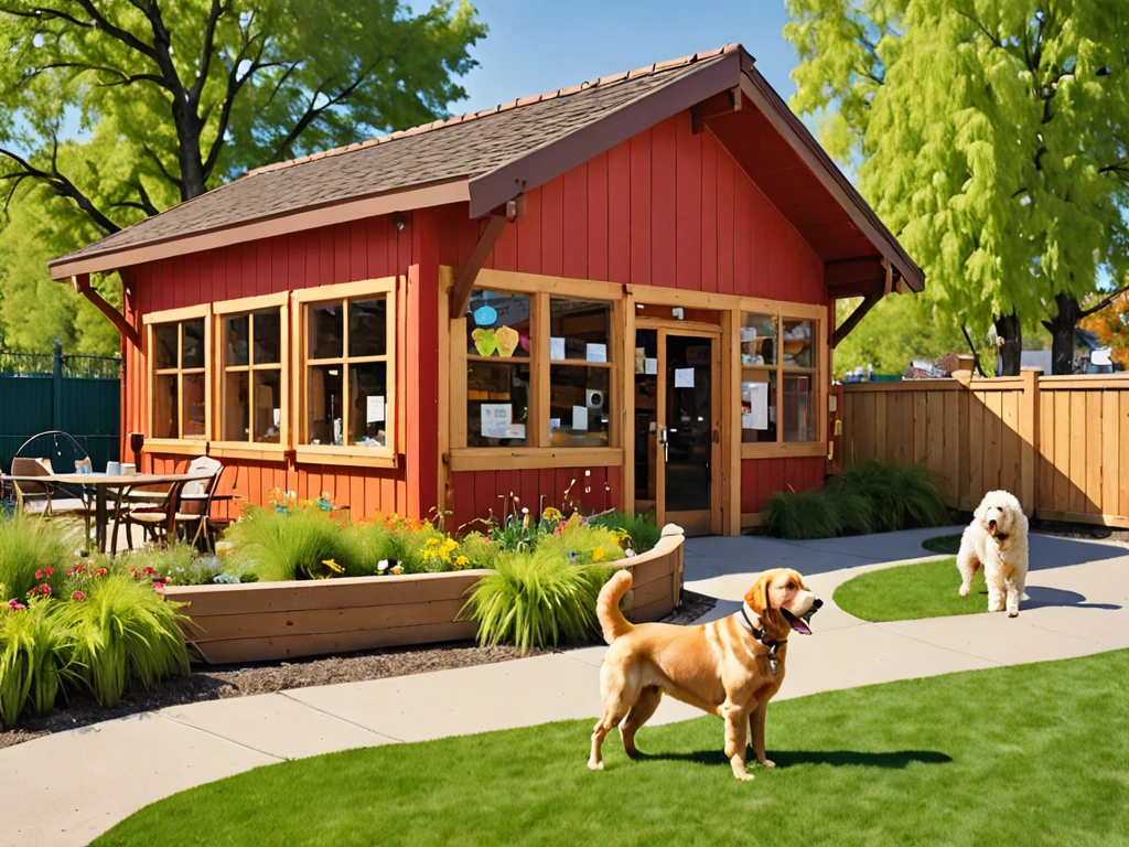 Please generate an exterior view of the therapy dog CAFE "Wonderful Wanda".
Building:
A warm, wooden building
Brown, wood-grain exterior
Green trees surrounding the building
Signage:
Colorful signs hanging on the building
The cafe's name, "Wonderful Wanda," is written on the signs
The signs use vibrant colors such as red, blue, and yellow
Entrance:
Two therapy dogs, a Labrador Retriever and a Standard Poodle, are sitting and greeting customers
The dogs have friendly expressions and are wagging their tails
Dog Run:
A spacious, fenced dog run area is located next to the cafe
The dog run has a grass surface and is equipped with various dog play equipment such as tunnels, ramps, and hurdles
Several dogs of different breeds are playing happily in the dog run
Other details:
A water fountain for dogs and benches around the building and dog run
Flower beds and green spaces in front of the cafe and surrounding the dog run
Sunlight warmly illuminating the building and dog run
Overall atmosphere:
Convey the impression of a warm, inviting cafe where people can interact with therapy dogs and a fun, engaging space for dogs to play
The wooden building, colorful signage, welcoming therapy dogs at the entrance, and the lively dog run create a space of healing, relaxation, and enjoyment for both humans and their furry companions
This prompt adds the detail of a spacious, fenced dog run area located next to the therapy dog CAFE "Wonderful Wanda". The dog run includes a grass surface, various dog play equipment, and several dogs of different breeds playing happily. The prompt also specifies the presence of a water fountain, benches, flower beds, and green spaces around both the cafe and the dog run. The overall atmosphere should convey a warm and inviting environment for people to interact with therapy dogs, as well as a fun and engaging space for dogs to play, promoting healing, relaxation, and enjoyment for both humans and their furry companions.