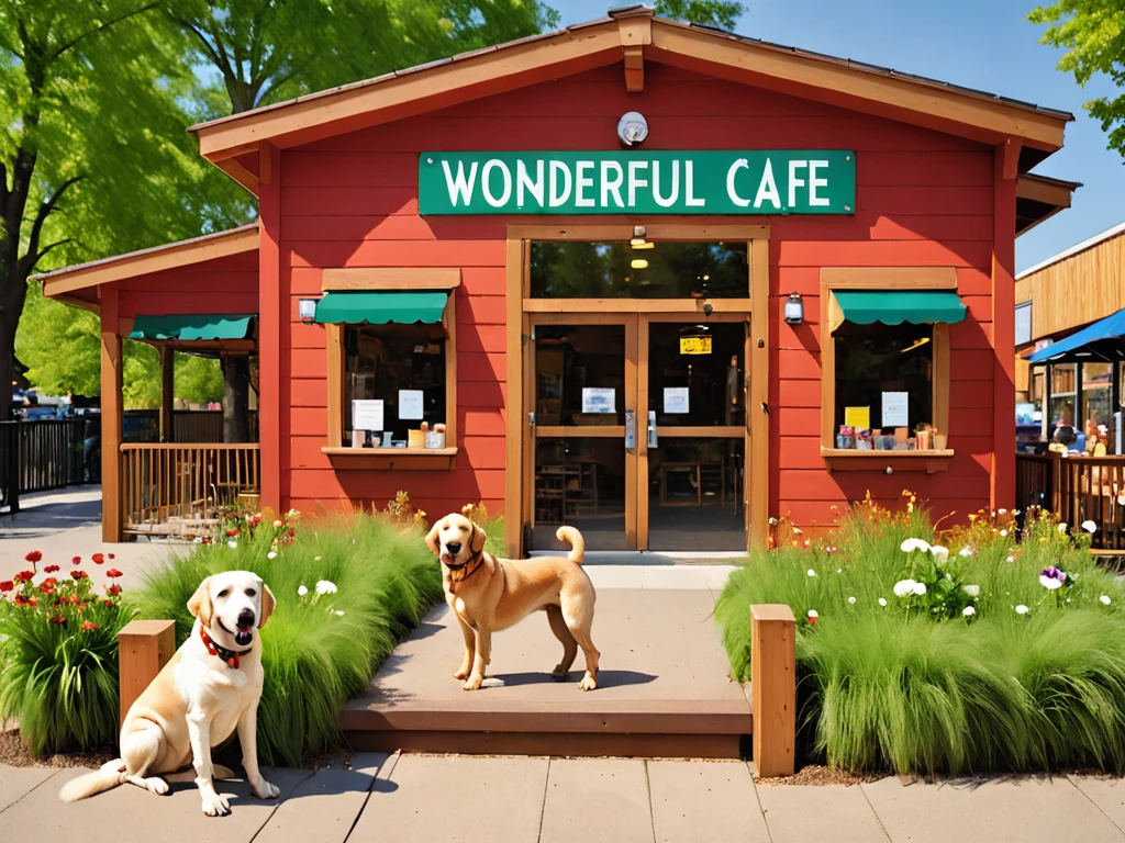 Please generate an exterior view of the therapy dog CAFE "Wonderful Wanda".
Building:
A warm, wooden building
Brown, wood-grain exterior
Green trees surrounding the building
Signage:
Colorful signs hanging on the building
The cafe's name, "Wonderful Wanda," is written on the signs
The signs use vibrant colors such as red, blue, and yellow
Entrance:
Two therapy dogs, a Labrador Retriever and a Standard Poodle, are sitting and greeting customers
The dogs have friendly expressions and are wagging their tails
Dog Run:
A spacious, fenced dog run area is located next to the cafe
The dog run has a grass surface and is equipped with various dog play equipment such as tunnels, ramps, and hurdles
Several dogs of different breeds are playing happily in the dog run
Other details:
A water fountain for dogs and benches around the building and dog run
Flower beds and green spaces in front of the cafe and surrounding the dog run
Sunlight warmly illuminating the building and dog run
Overall atmosphere:
Convey the impression of a warm, inviting cafe where people can interact with therapy dogs and a fun, engaging space for dogs to play
The wooden building, colorful signage, welcoming therapy dogs at the entrance, and the lively dog run create a space of healing, relaxation, and enjoyment for both humans and their furry companions
This prompt adds the detail of a spacious, fenced dog run area located next to the therapy dog CAFE "Wonderful Wanda". The dog run includes a grass surface, various dog play equipment, and several dogs of different breeds playing happily. The prompt also specifies the presence of a water fountain, benches, flower beds, and green spaces around both the cafe and the dog run. The overall atmosphere should convey a warm and inviting environment for people to interact with therapy dogs, as well as a fun and engaging space for dogs to play, promoting healing, relaxation, and enjoyment for both humans and their furry companions.