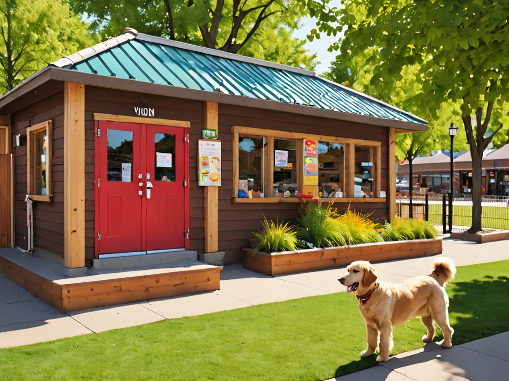Please generate an exterior view of the therapy dog CAFE "Wonderful Wanda".
Building:
A warm, wooden building
Brown, wood-grain exterior
Green trees surrounding the building
Signage:
Colorful signs hanging on the building
The cafe's name, "Wonderful Wanda," is written on the signs
The signs use vibrant colors such as red, blue, and yellow
Entrance:
Two therapy dogs, a Labrador Retriever and a Standard Poodle, are sitting and greeting customers
The dogs have friendly expressions and are wagging their tails
Dog Run:
A spacious, fenced dog run area is located next to the cafe
The dog run has a grass surface and is equipped with various dog play equipment such as tunnels, ramps, and hurdles
Several dogs of different breeds are playing happily in the dog run
Other details:
A water fountain for dogs and benches around the building and dog run
Flower beds and green spaces in front of the cafe and surrounding the dog run
Sunlight warmly illuminating the building and dog run
Overall atmosphere:
Convey the impression of a warm, inviting cafe where people can interact with therapy dogs and a fun, engaging space for dogs to play
The wooden building, colorful signage, welcoming therapy dogs at the entrance, and the lively dog run create a space of healing, relaxation, and enjoyment for both humans and their furry companions
This prompt adds the detail of a spacious, fenced dog run area located next to the therapy dog CAFE "Wonderful Wanda". The dog run includes a grass surface, various dog play equipment, and several dogs of different breeds playing happily. The prompt also specifies the presence of a water fountain, benches, flower beds, and green spaces around both the cafe and the dog run. The overall atmosphere should convey a warm and inviting environment for people to interact with therapy dogs, as well as a fun and engaging space for dogs to play, promoting healing, relaxation, and enjoyment for both humans and their furry companions.