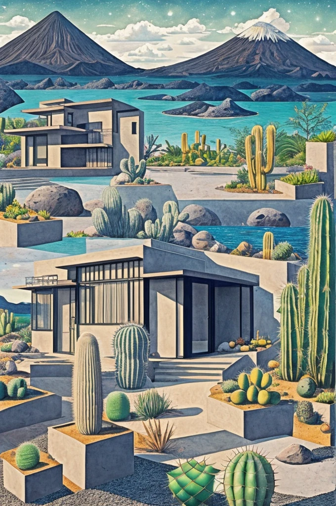 An illustration, collage style, David Hockney visual style, (((Luis Barragán's architectural style houses in middle of a lake))), big boulders, little cascade, mountains, volcanos, volcanic landscape, pool, stairs, beautiful gardens, abundant vegetation, cacti, agave, big clouds, sunset. Magazine cover, serif tipography, editorial design, masterpiece, An illustration in collage style, con rocas gigantes, Brutalist construction sections, escaleras, cactus, agave, textura de concreto, Multiple geometric shapes, hatch and cross hatching, planeta Saturno. ((masterpiece, best quality)),illustration,ultra detailed 8k. (((An illustration of a build designed by Luis Barragán))), with a desertic vegetation garden, (big rocks), ((cacti)), lake, volcano in horizon, smooth clouds, (((illustration collage format))), ((Escher's art style)), (((multiple sections))), (violet, blue, olive green, grey, black and white), hard shadows, (((geometric sculptures))), concrete sculptures, high contrast, dramatic, cinematographic, ((milky way galaxy)), intricate, intricate details, sharp focus,landscape