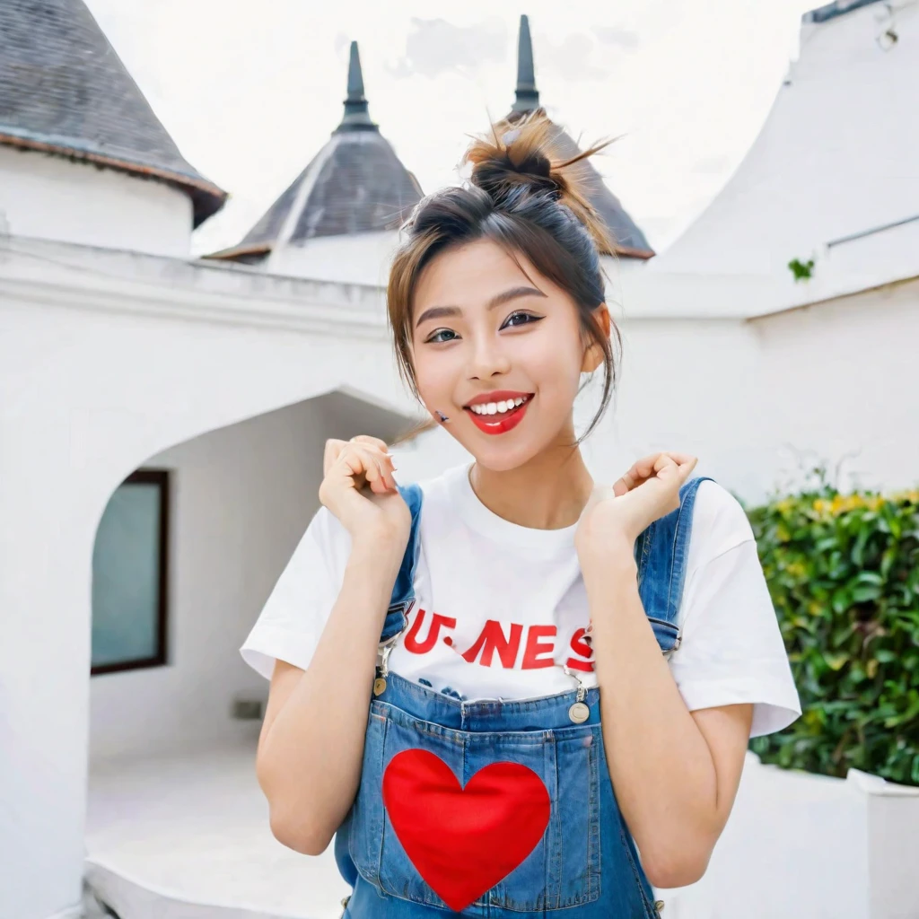 a 25 year old Indonesian young woman, (cross-eyed, smiling, sticking out her tongue, heart-shaped hands). wearing an outih t-shirt, overalls. french twist hairstyle. white Modern Architecture background.