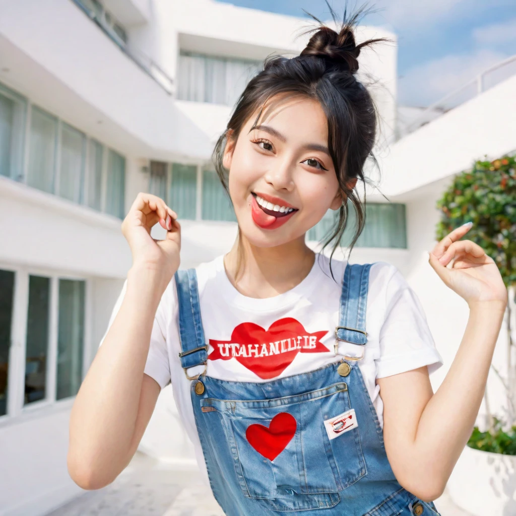 a 25 year old Indonesian young woman, (cross-eyed, smiling, sticking out her tongue, heart-shaped hands). wearing an outih t-shirt, overalls. french twist hairstyle. white Modern Architecture background.