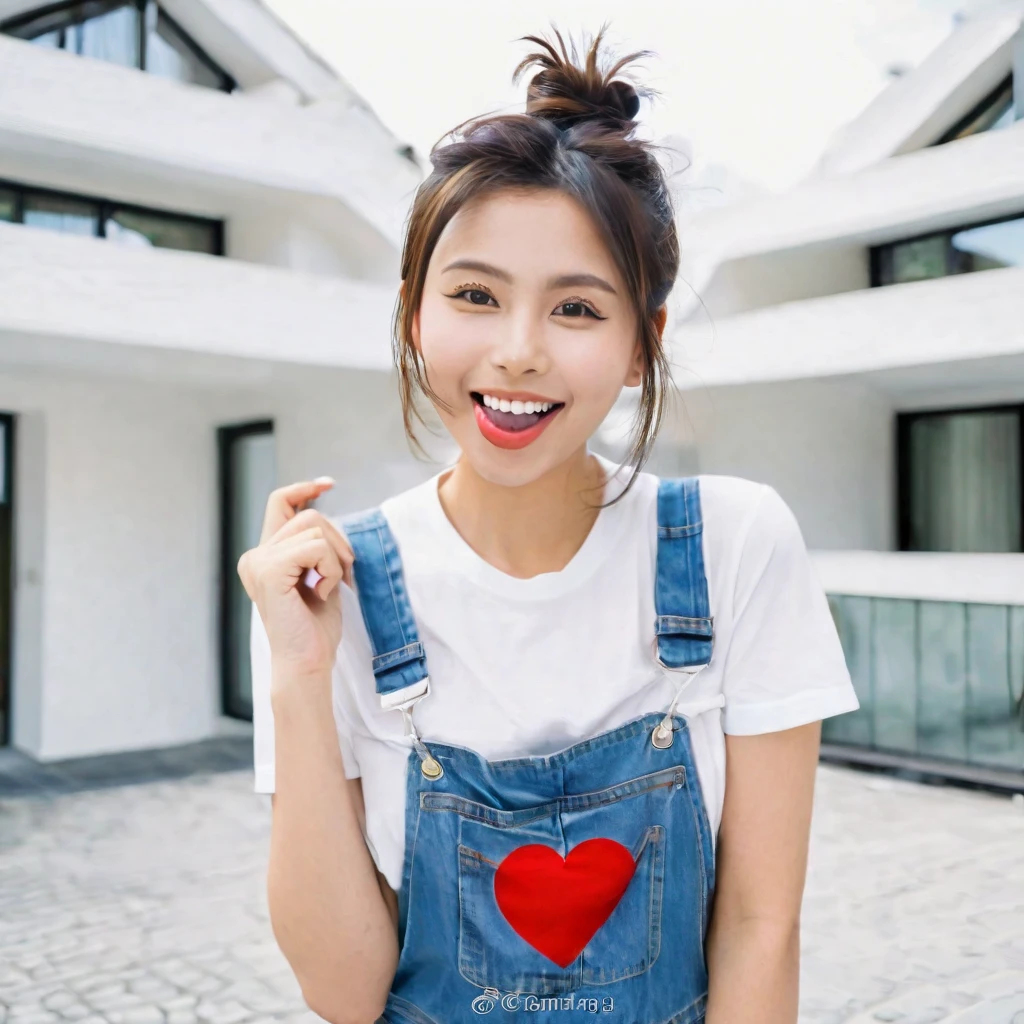 a 25 year old Indonesian young woman, (cross-eyed, smiling, sticking out her tongue, heart-shaped hands). wearing an outih t-shirt, overalls. french twist hairstyle. white Modern Architecture background.