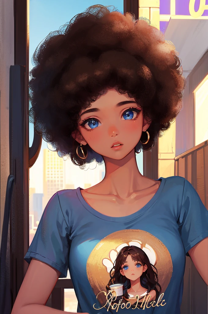 afro hair、８K, Highest quality, masterpiece, Ultra-detailed、Afro Hair、afro hair、Brown Hair、full lips、Blue Eyes、１８Year-old beauty、Portrait、Coffee shop、stare、T-Shirts、