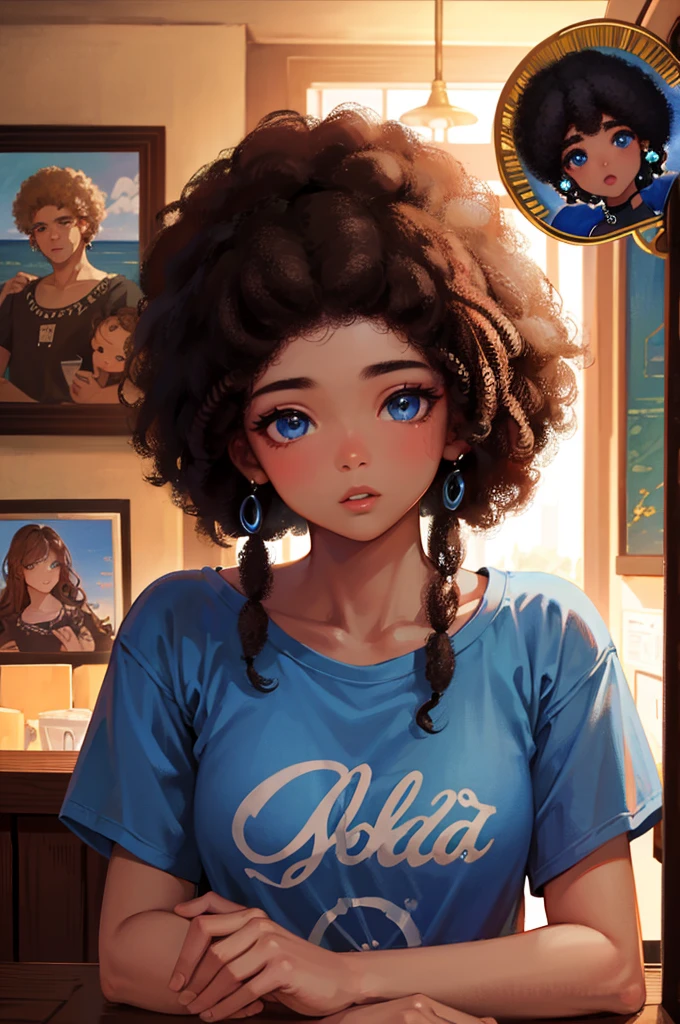 afro hair、８K, Highest quality, masterpiece, Ultra-detailed、Afro Hair、afro hair、Brown Hair、full lips、Blue Eyes、１８Year-old beauty、Portrait、Coffee shop、stare、T-Shirts、